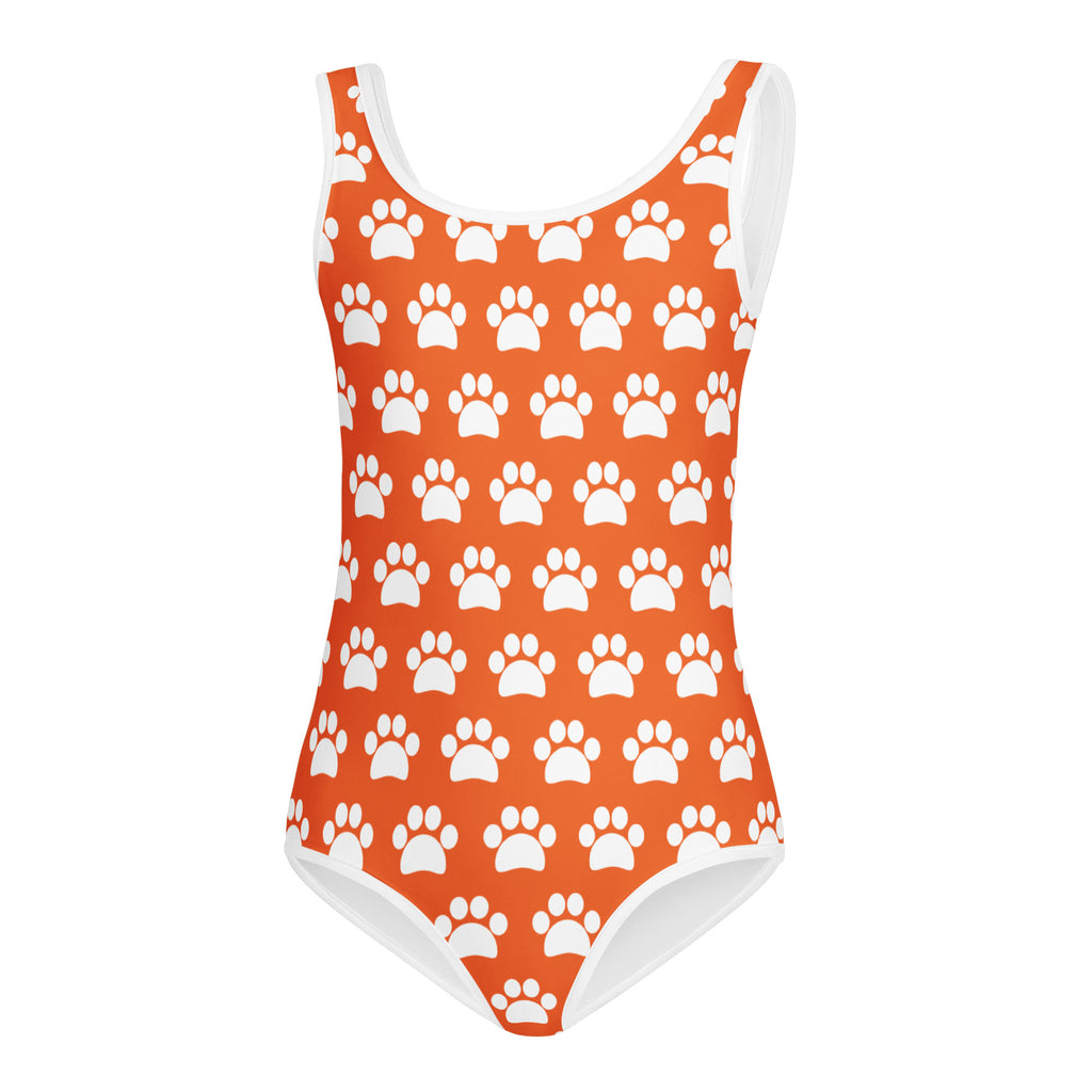 Girls orange one-piece swimsuit with white paw print pattern and white trim buttery soft quick drying for dance