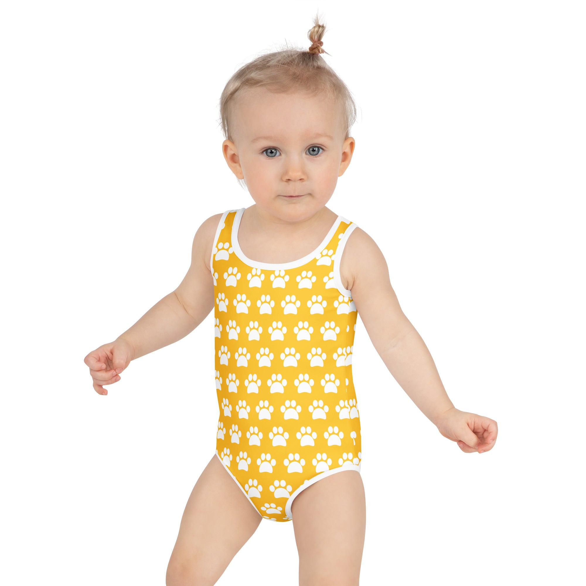 Girls yellow one-piece swimsuit with white paw print pattern white trim buttery soft fabric UPF 50 plus double layered front