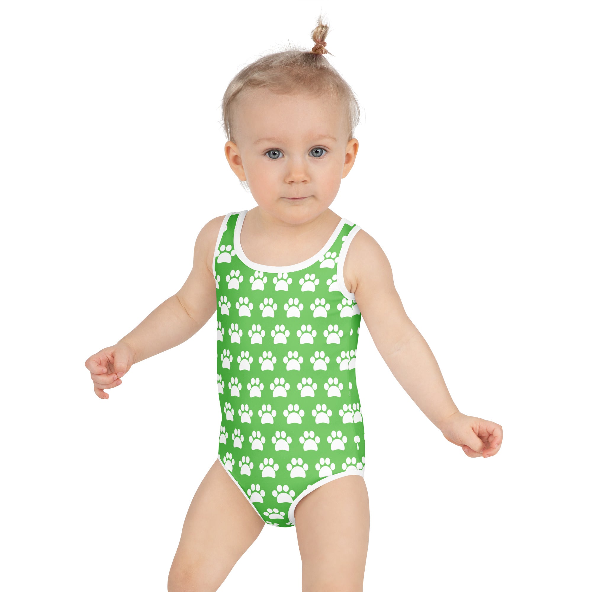 Girls green paw print buttery soft one-piece swimsuit with white trim and UPF 50 plus protection front view