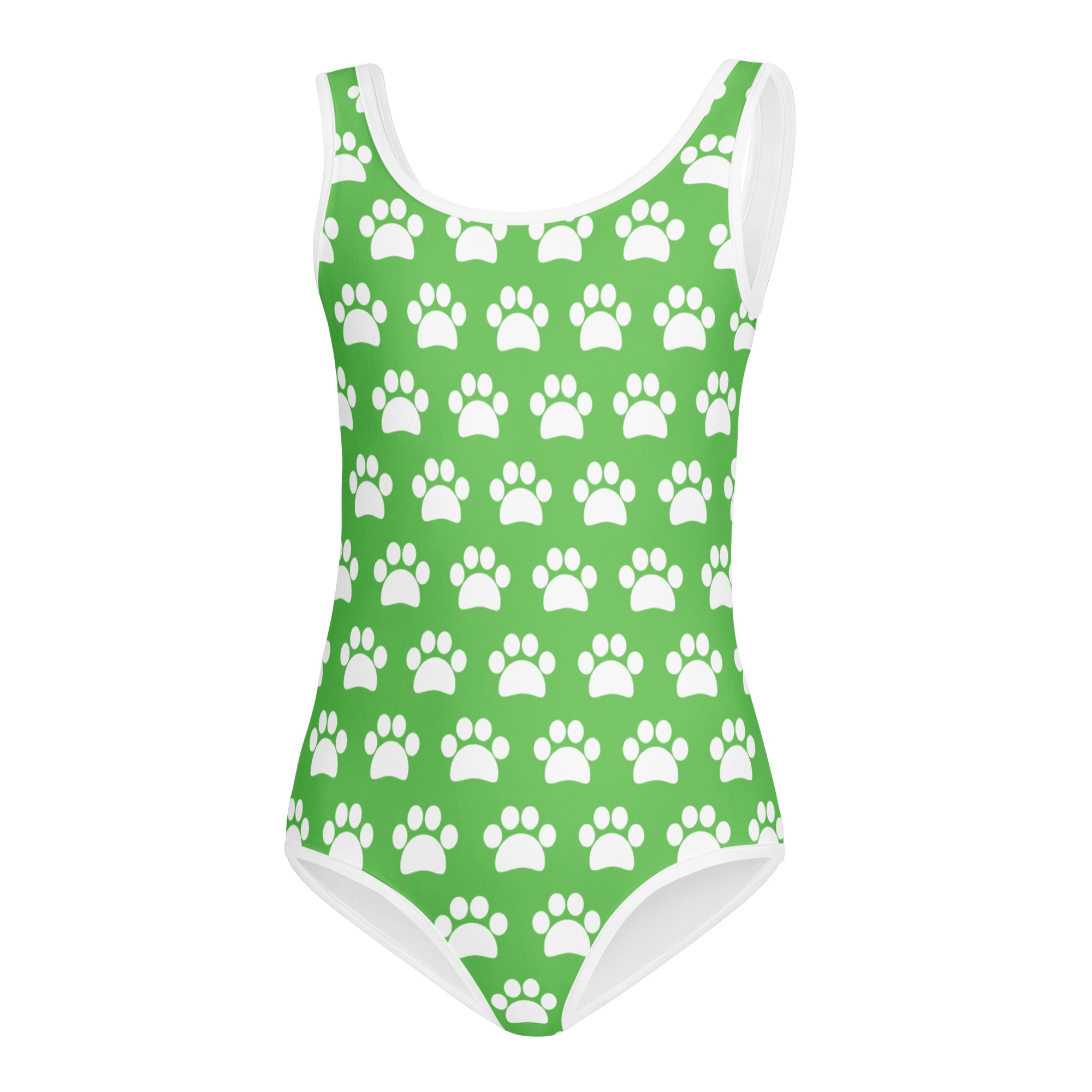 Girls green buttery soft leotard with white paw print pattern and trim quick drying for dance and gymnastics