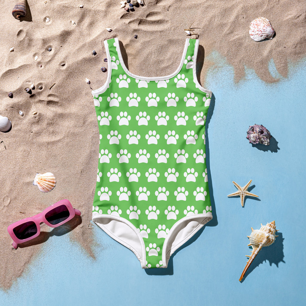 Girls green one-piece swimsuit with white paw prints buttery soft fabric upf 50 plus and contrasting trim