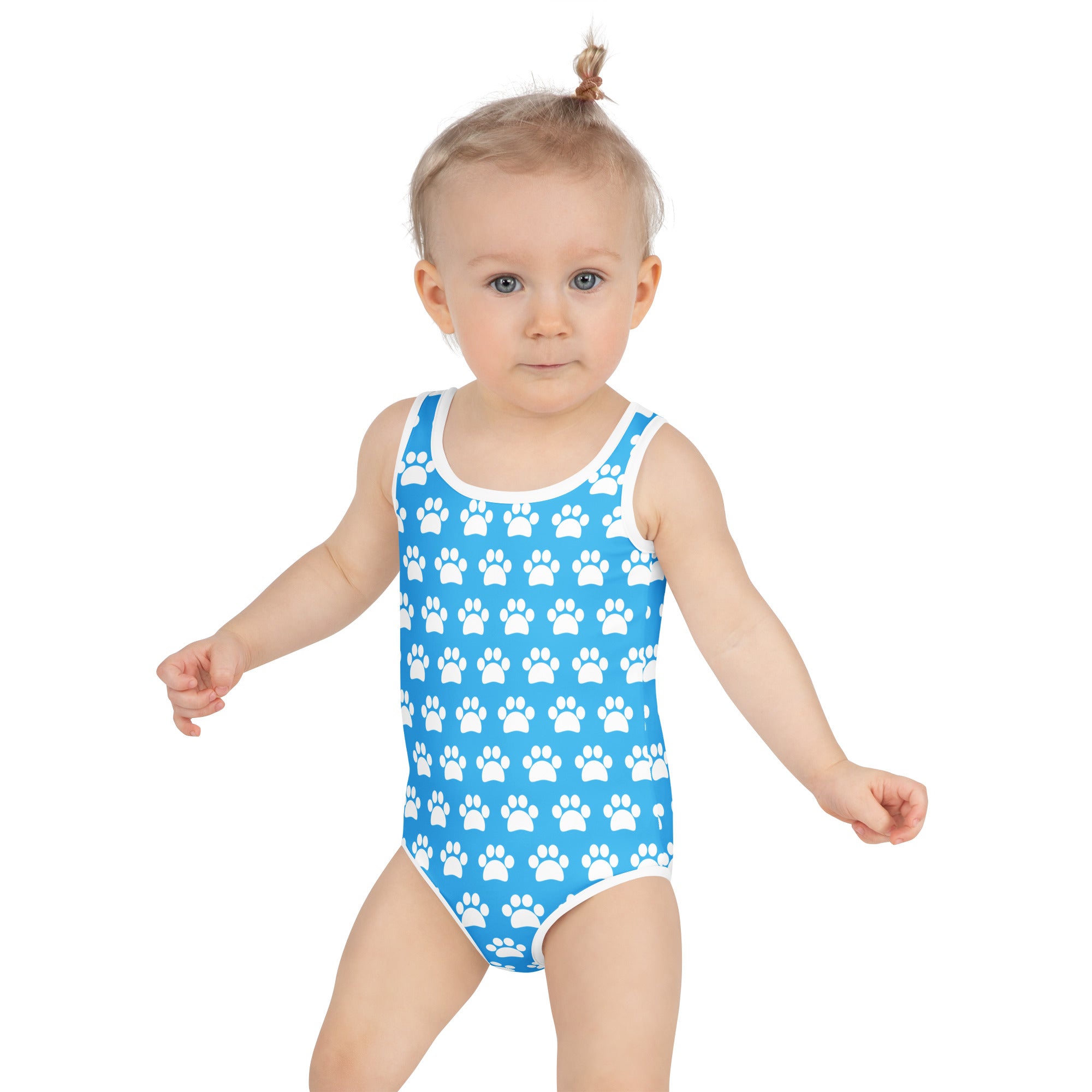 Girls sky blue buttery soft one-piece swimsuit with white paw print pattern white trim and UPF 50 plus protection