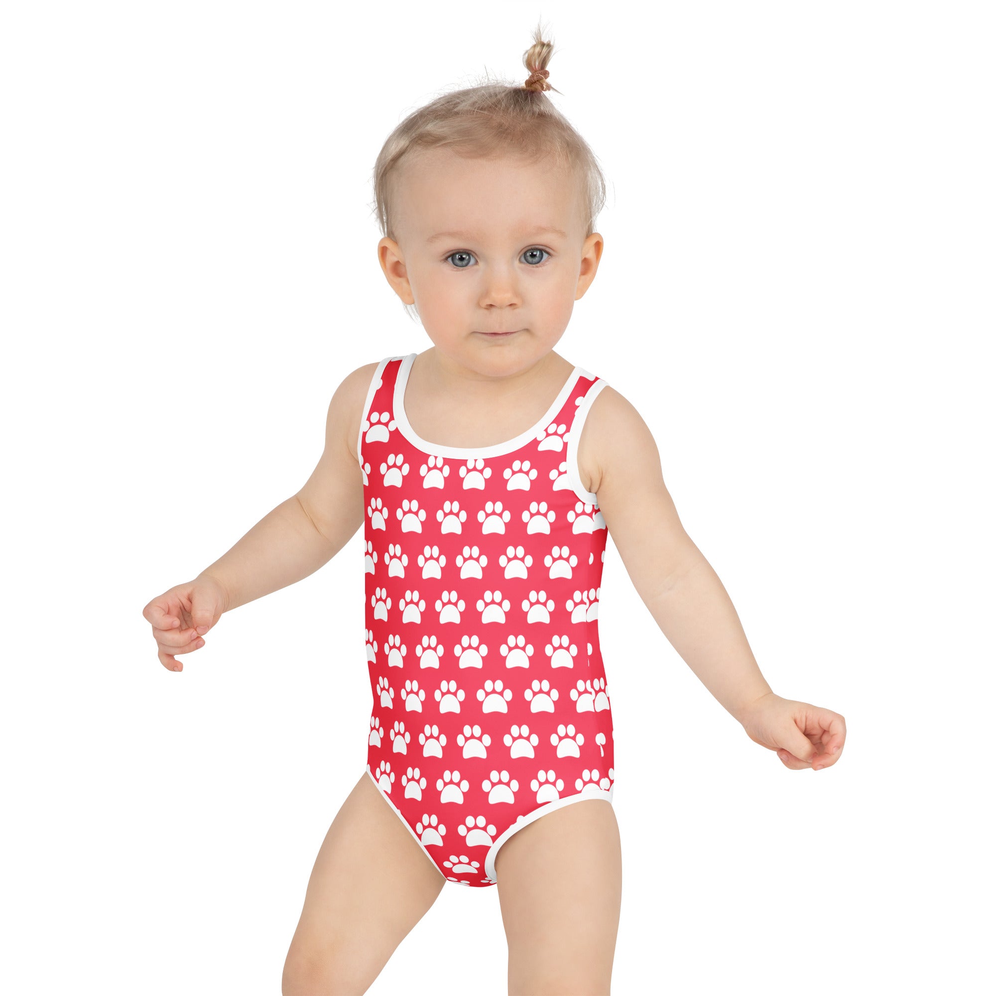 Girls bright pink one-piece swimsuit with white paw print pattern white trim buttery soft fabric UPF 50 plus protection