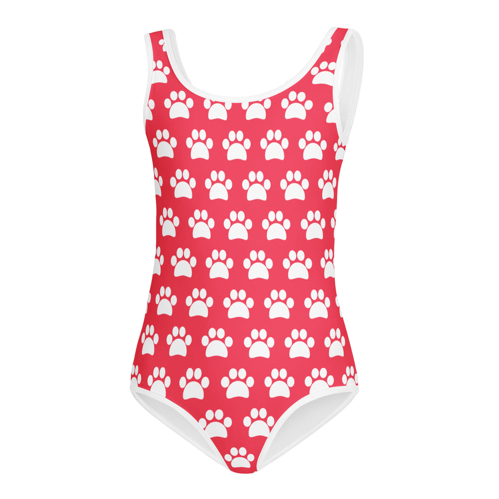 Girls bright pink buttery soft one-piece leotard with white paw print pattern and trim for dance and gymnastics