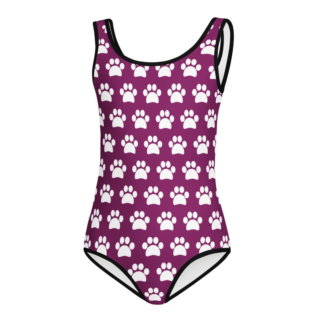 Girls purple buttery soft one-piece leotard with white paw print pattern and black trim for dance and gymnastics