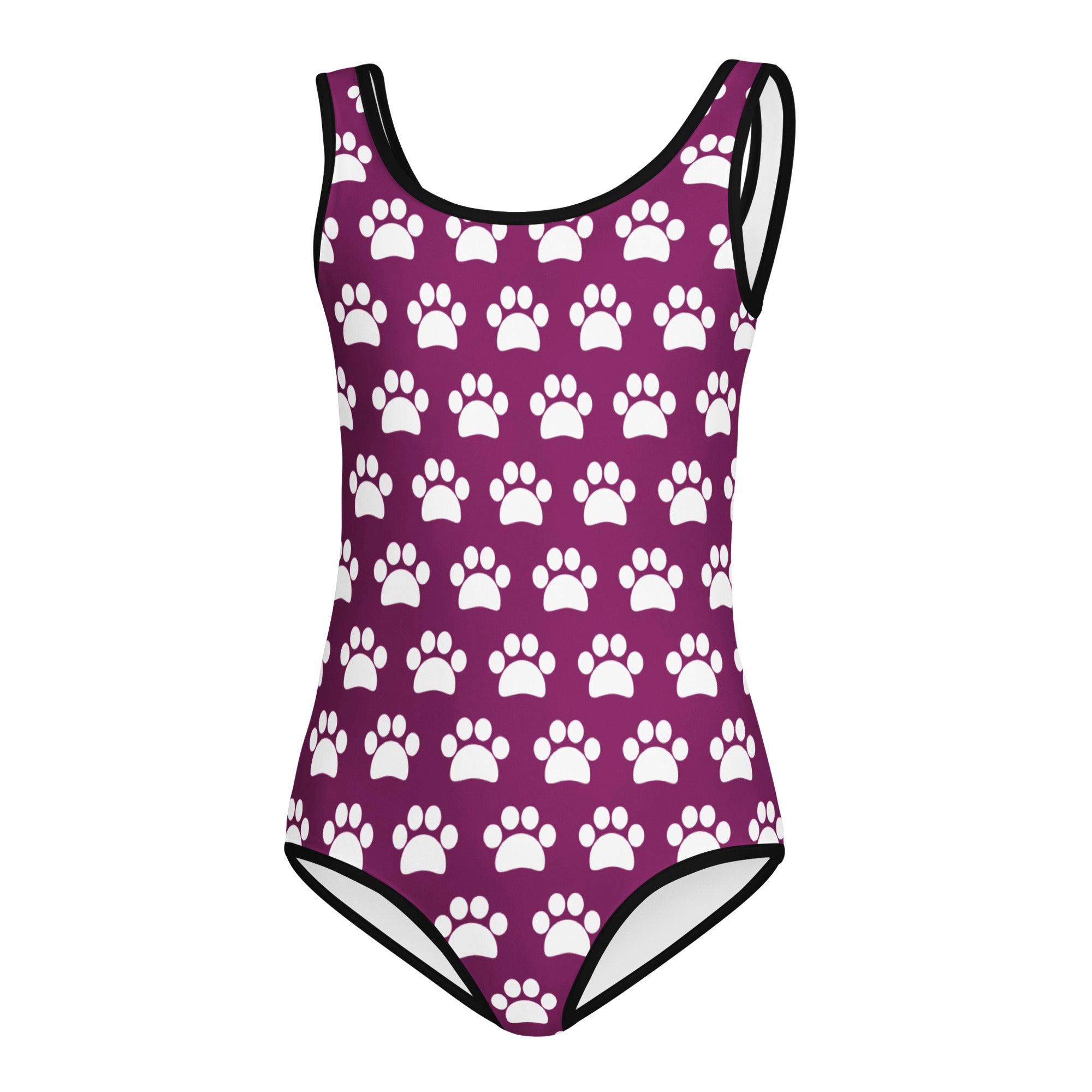Girls purple buttery soft one-piece leotard with white paw print pattern and black trim for dance and gymnastics