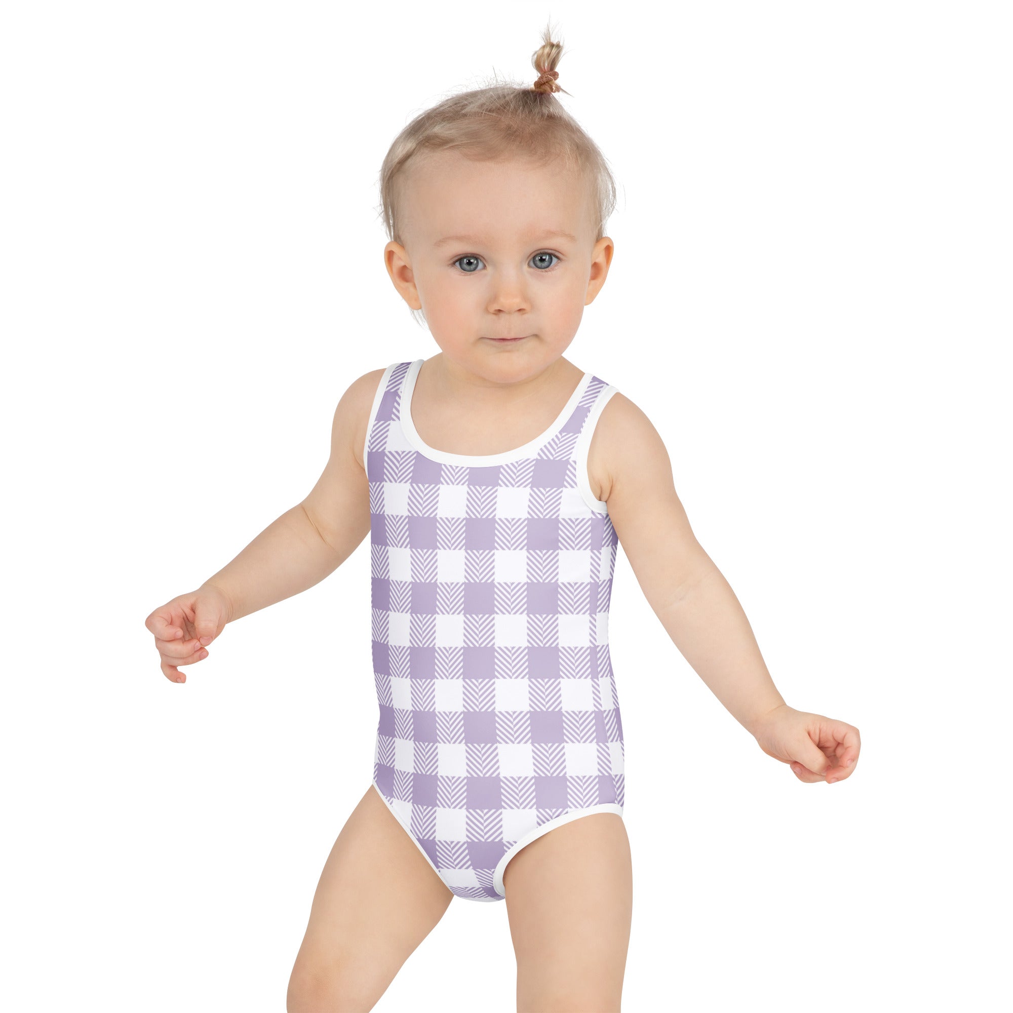 A toddler wearing a girls purple gingham buttery soft one-piece swimsuit with UPF 50 plus and double layered front
