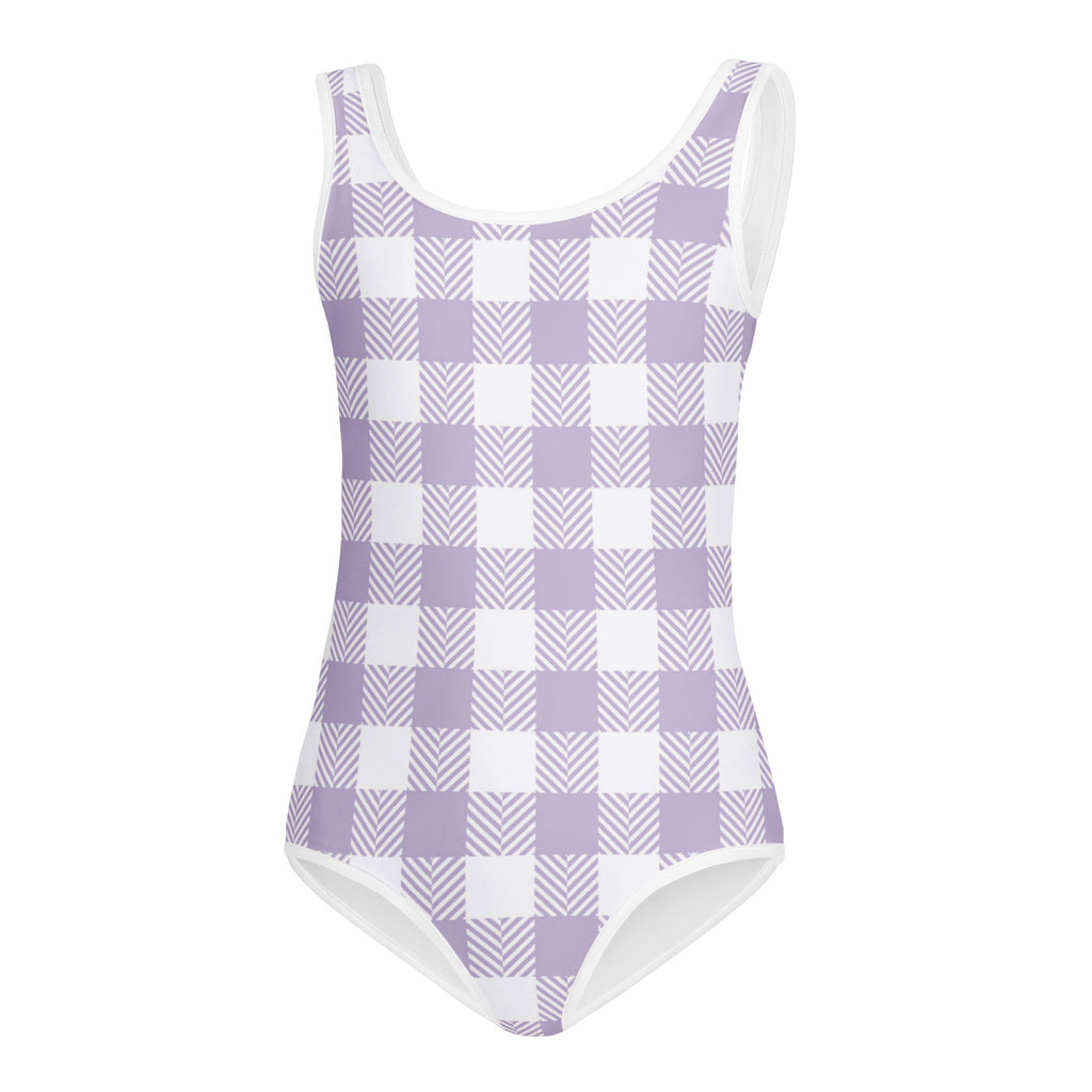 Girls purple gingham buttery soft quick drying leotard in lavender and white checkered one-piece swimsuit style
