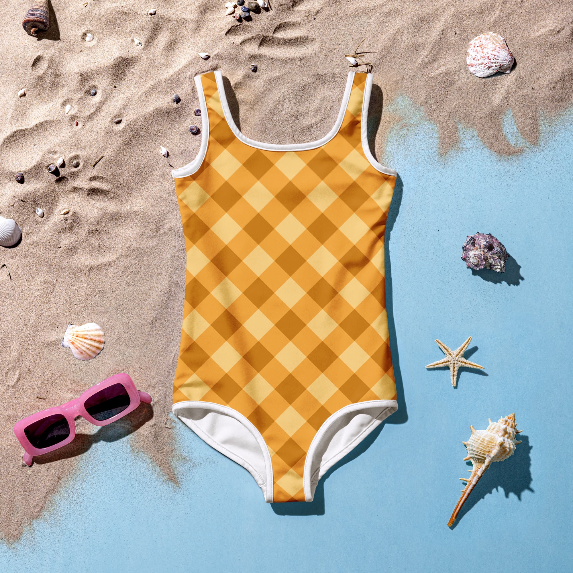 Girls golden gingham buttery soft yellow and cream checkered one-piece swimsuit with white trim and UPF 50 plus protection