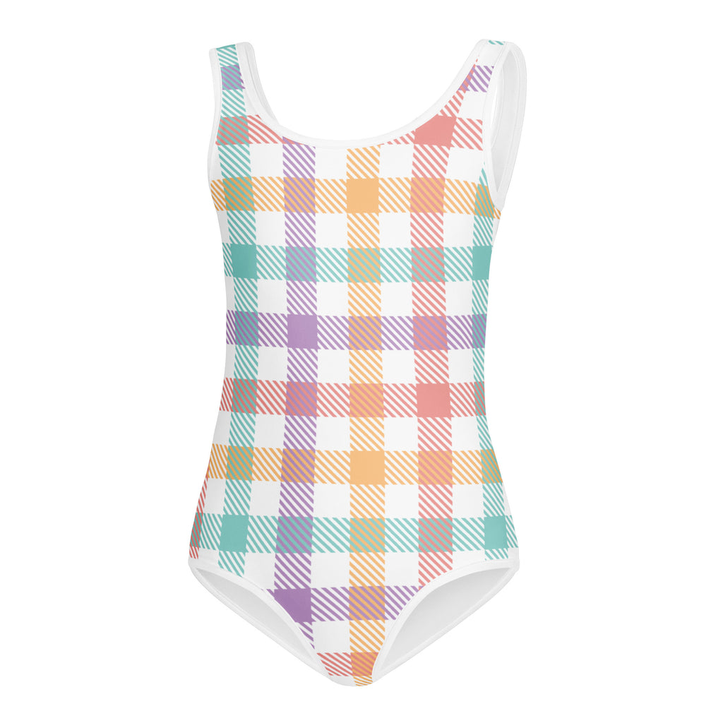 Girls pastel gingham buttery soft leotard in vibrant pastel plaid with quick drying fabric for dance and gymnastics