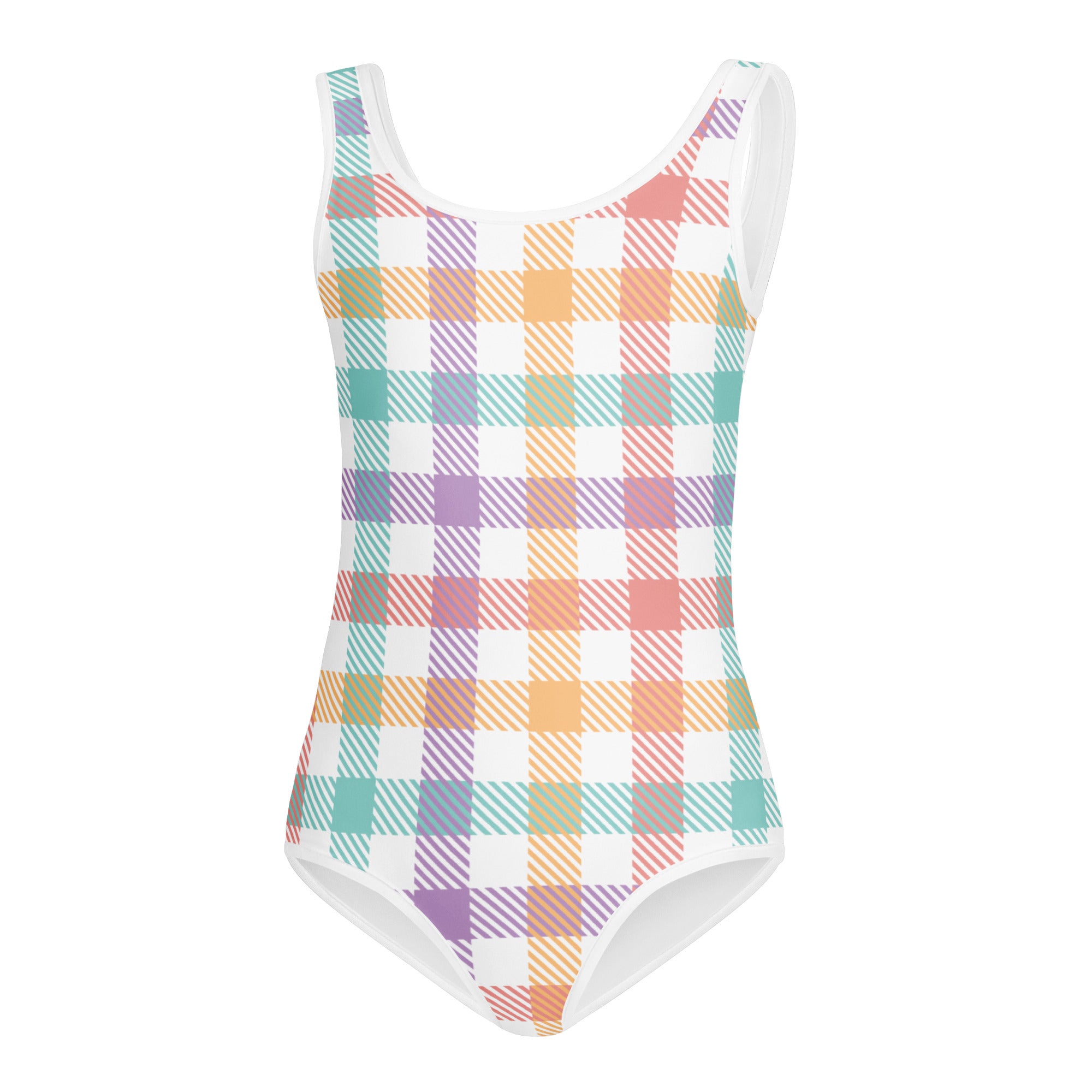 Girls pastel gingham buttery soft leotard in vibrant pastel plaid with quick drying fabric for dance and gymnastics