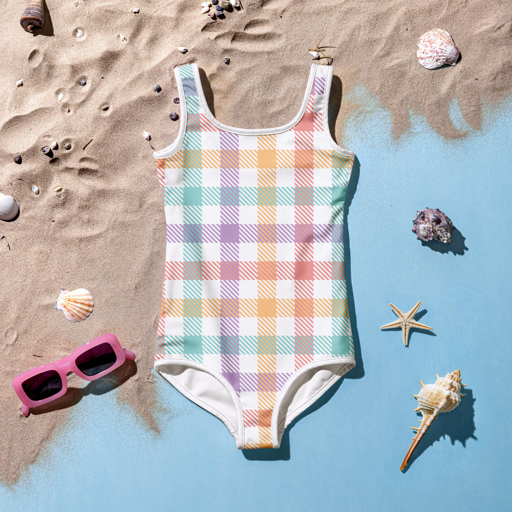 Girls pastel rainbow gingham buttery soft one-piece swimsuit in peach mint lavender beige with white trim and UPF 50+ protection