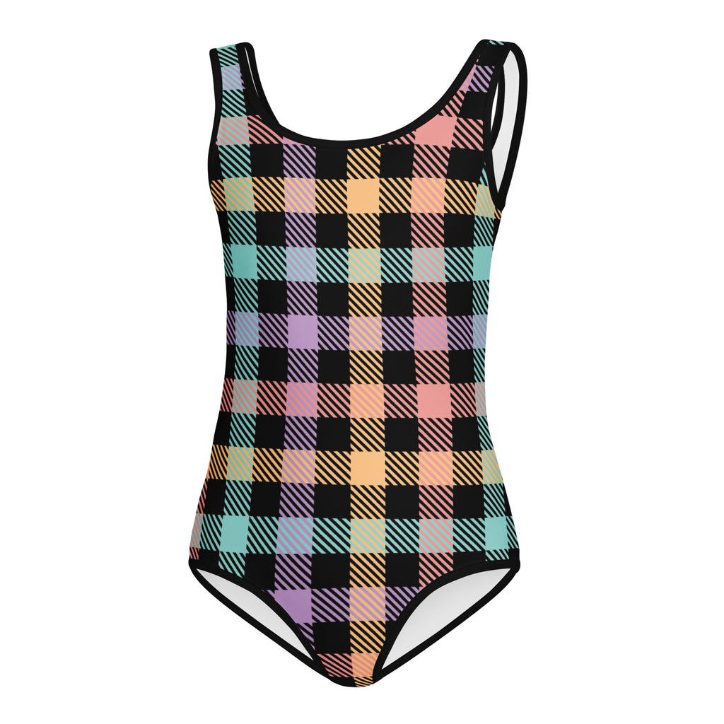 Girls pastel gingham buttery soft one-piece swimsuit with bold plaid and colorful pastel diagonal stripes for dance and gymnastics