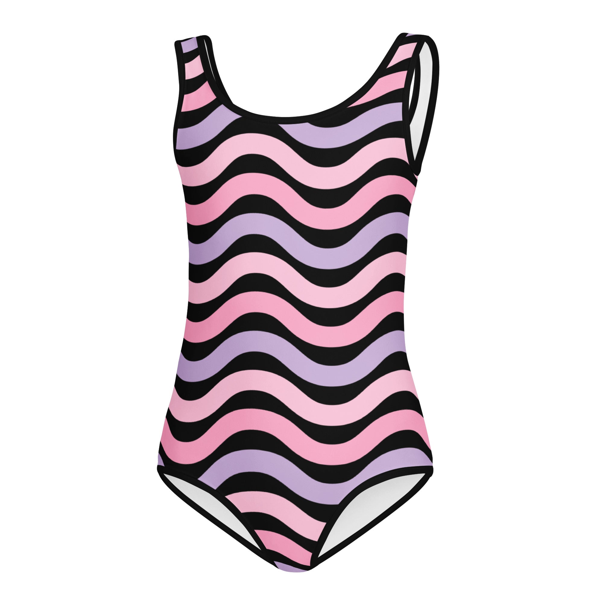 Girls pink and lavender wavy stripe buttery soft quick drying one-piece swimsuit for dance and gymnastics