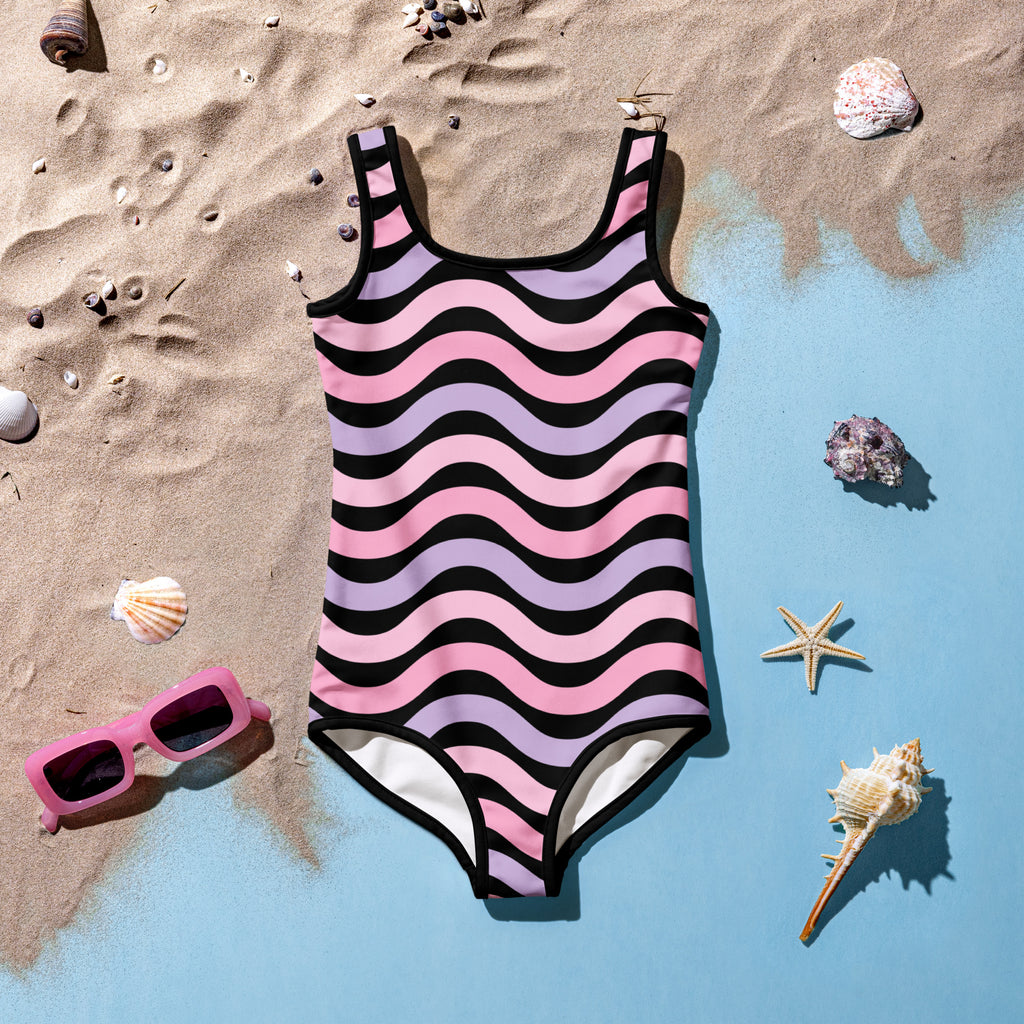 Girls pink and lavender wavy stripe buttery soft one-piece swimsuit with UPF 50 plus and double layered front