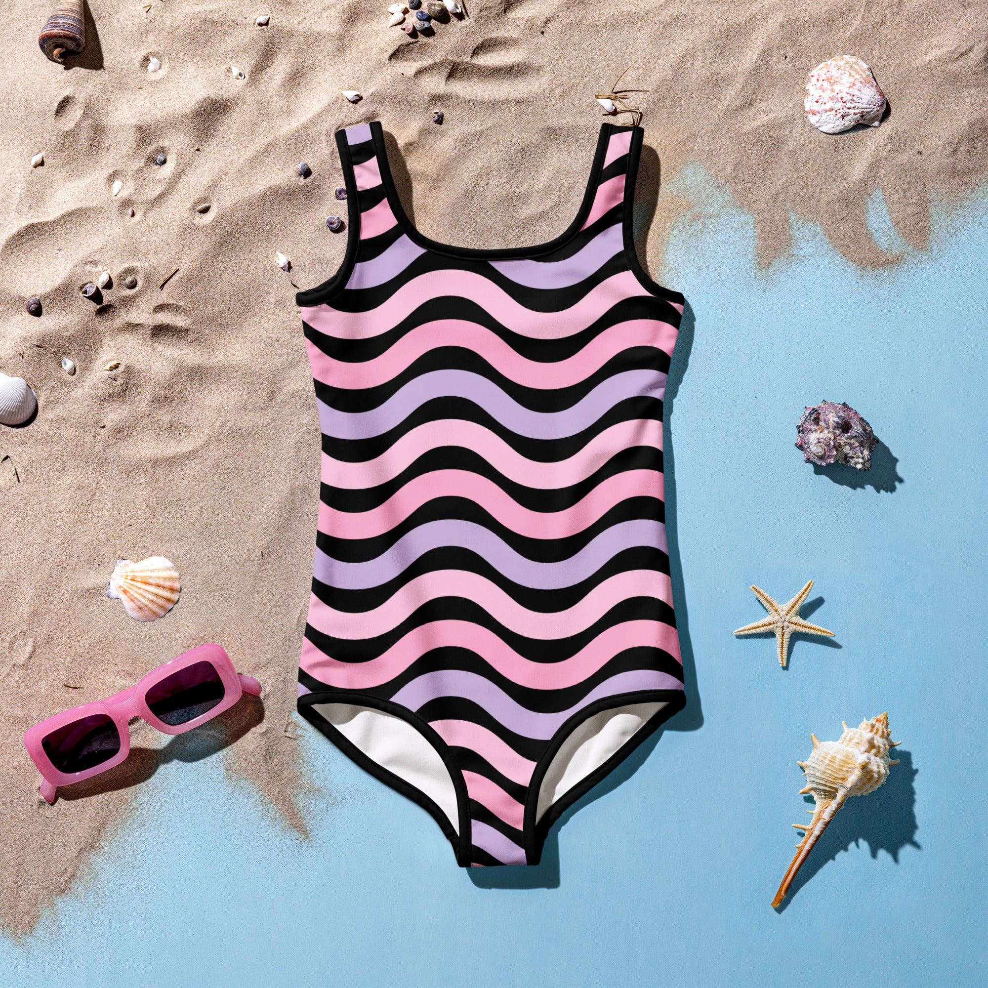 Girls pink and lavender wavy stripe buttery soft one-piece swimsuit with UPF 50 plus and double layered front