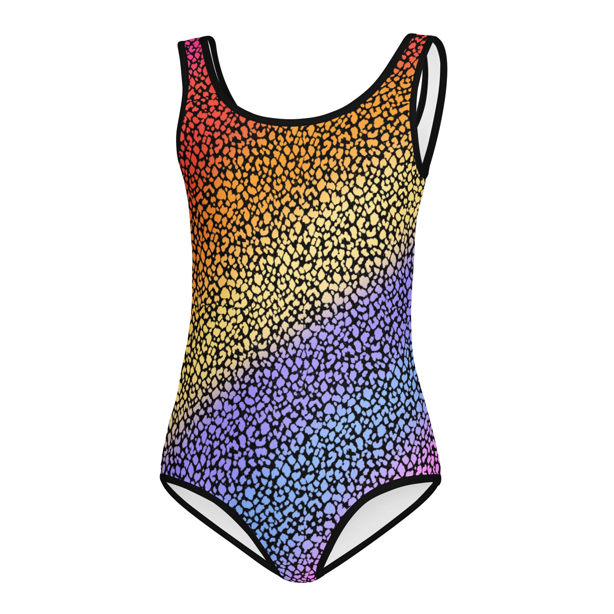 Girls colorful rainbow gradient leopard print one-piece leotard with black trim made of buttery soft quick drying fabric for dance and gymnastics