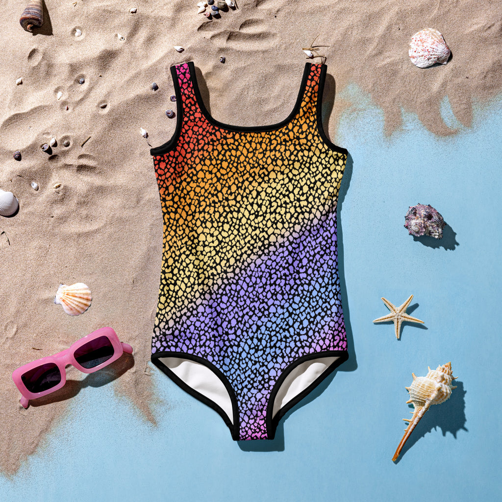 Girls colorful leopard print buttery soft one-piece swimsuit in rainbow with speckled pattern and black trim upf 50 plus