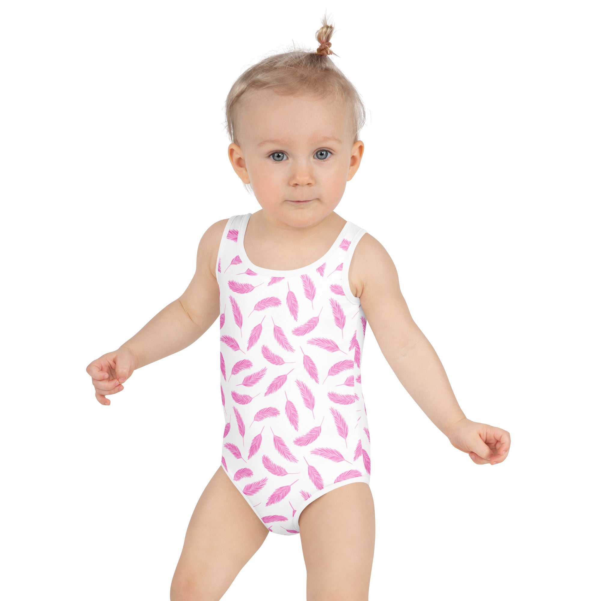 Girls pink flamingo feather buttery soft white one-piece swimsuit with pink feather pattern upf 50 plus double layered front