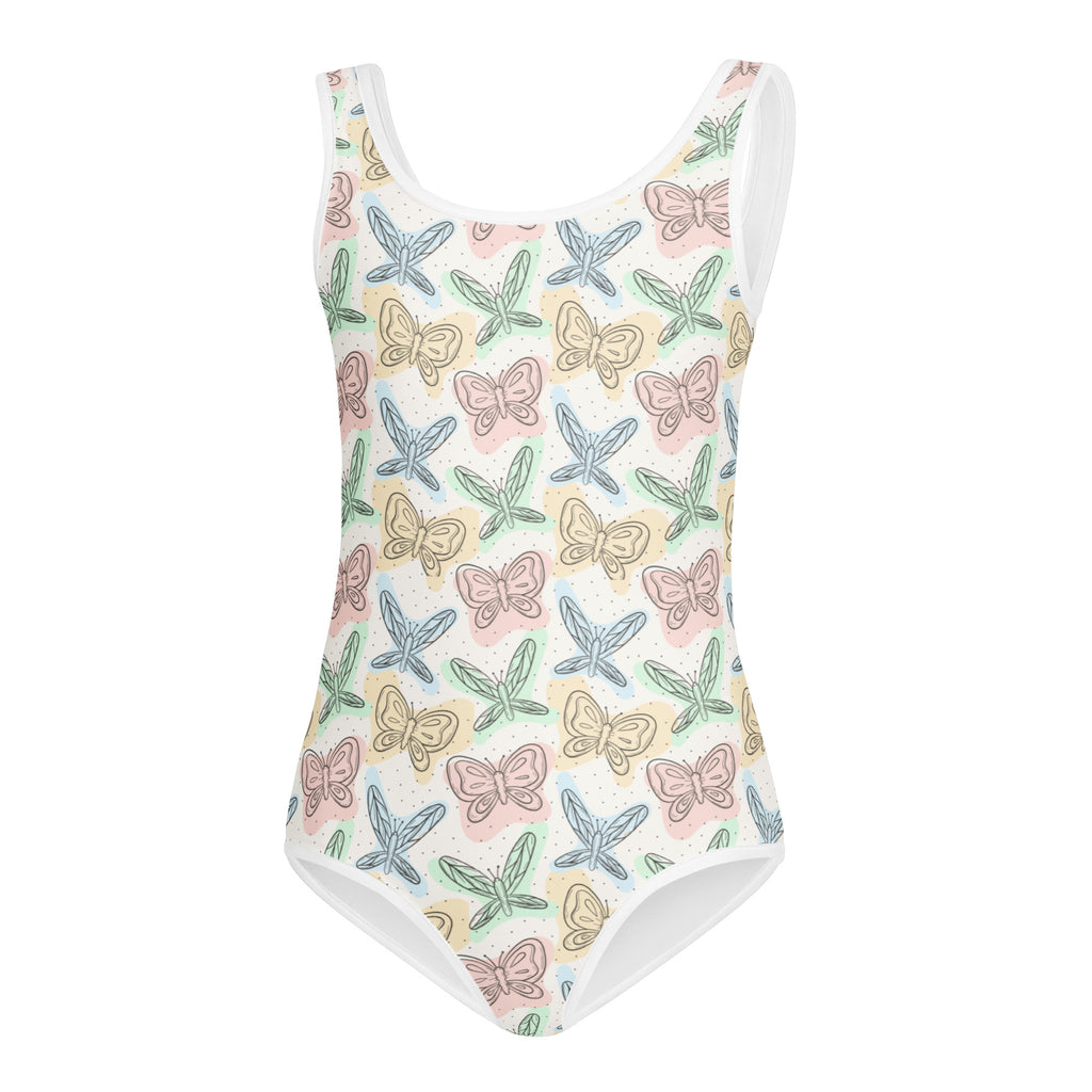 Girls colorful pastel butterfly and dragonfly buttery soft one-piece swimsuit with white trim quick drying for dance and gymnastics