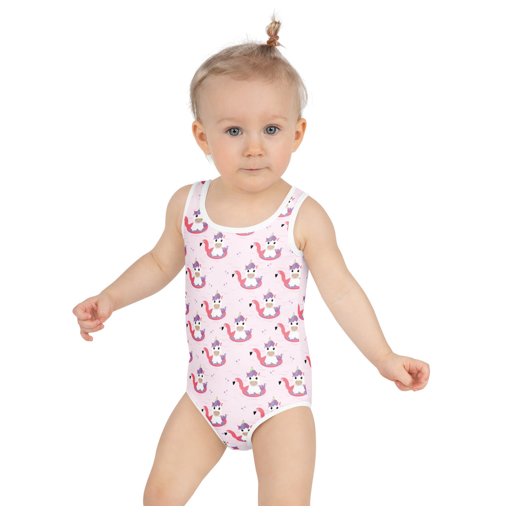 Pink girls unicorn flamingo buttery soft one-piece swimsuit with upf 50 plus and double layered front