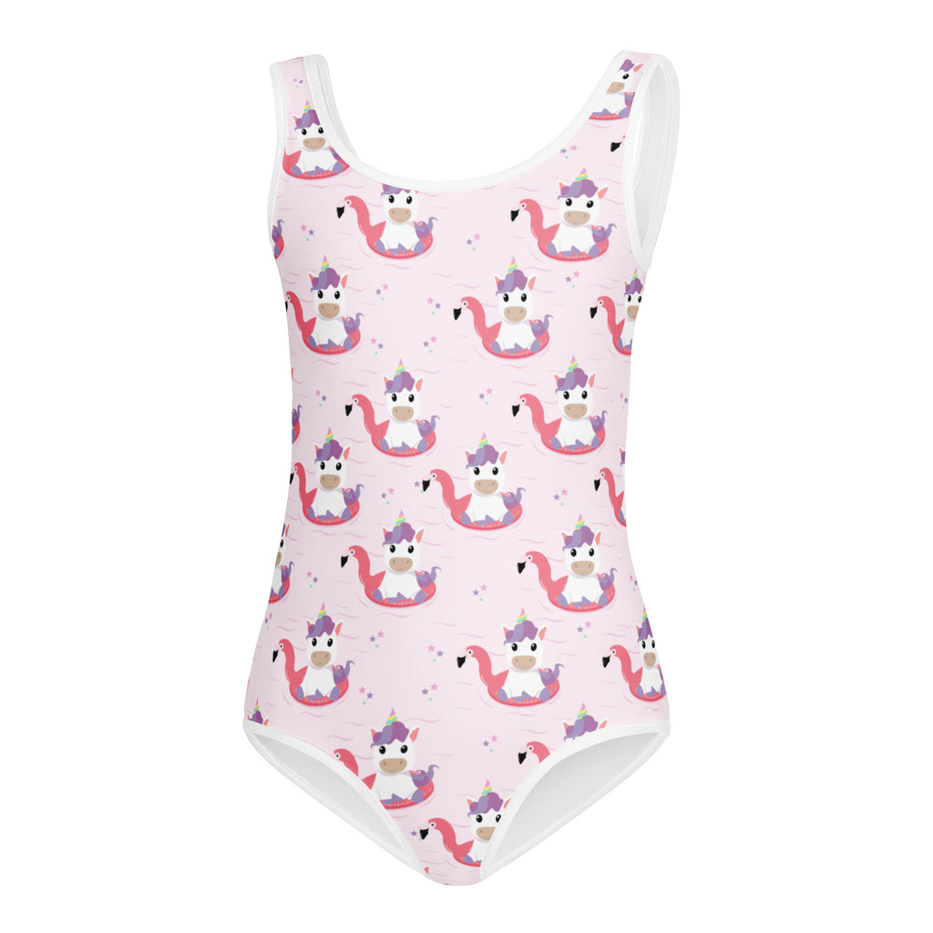 Pink girls unicorn flamingo float buttery soft one-piece swimsuit with white trim quick drying for dance and gymnastics