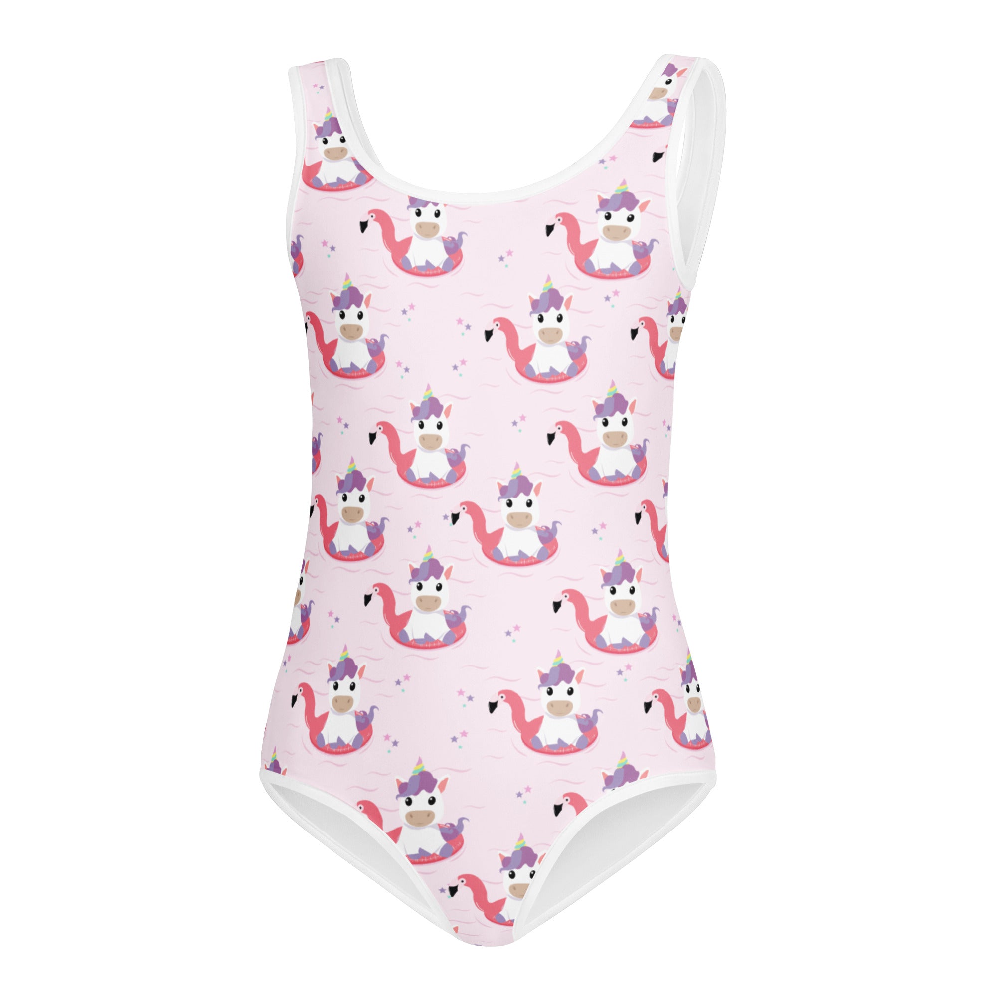 Pink girls unicorn flamingo float buttery soft one-piece swimsuit with white trim quick drying for dance and gymnastics