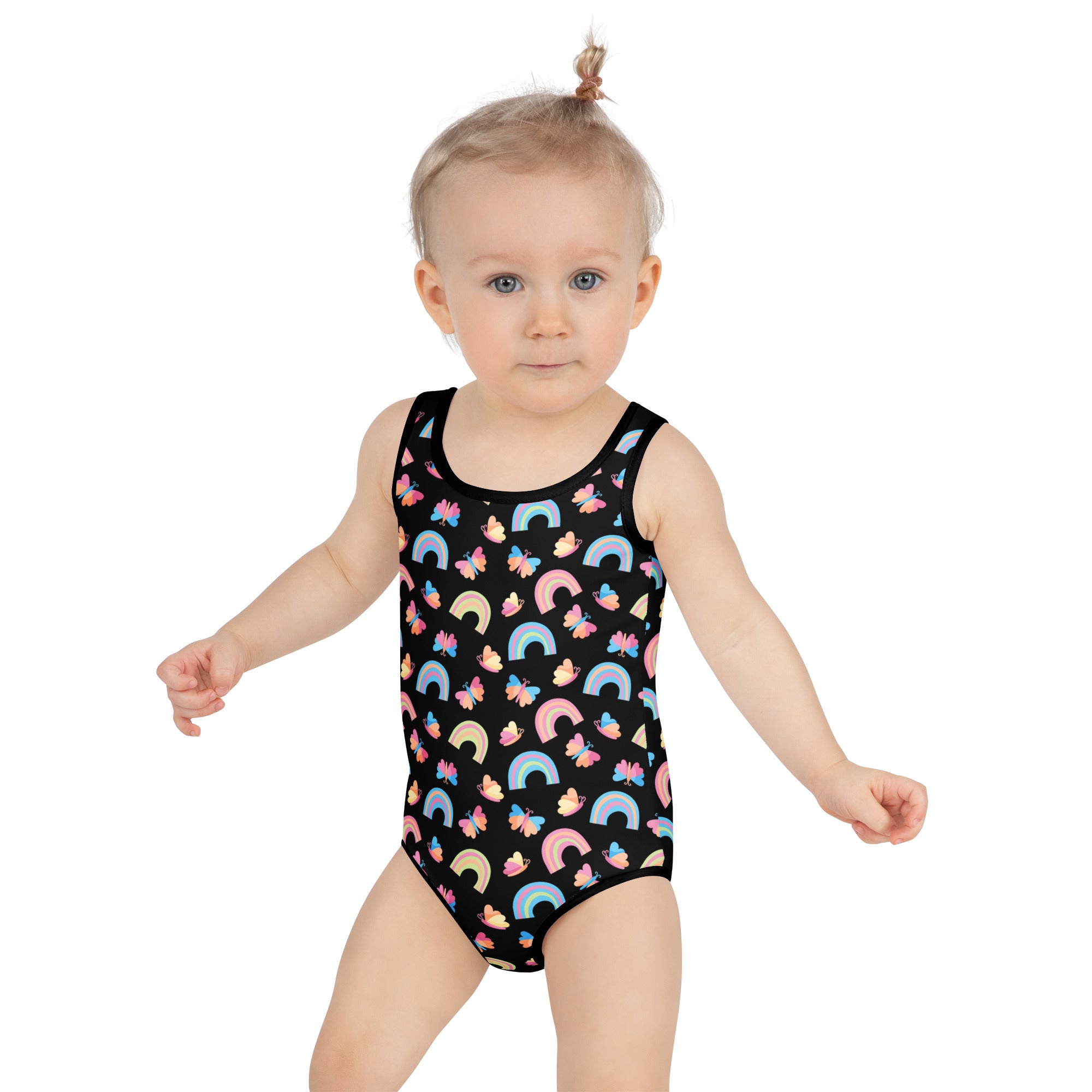 Girls rainbow and butterfly buttery soft black one-piece swimsuit with pastel pattern and upf 50 plus protection