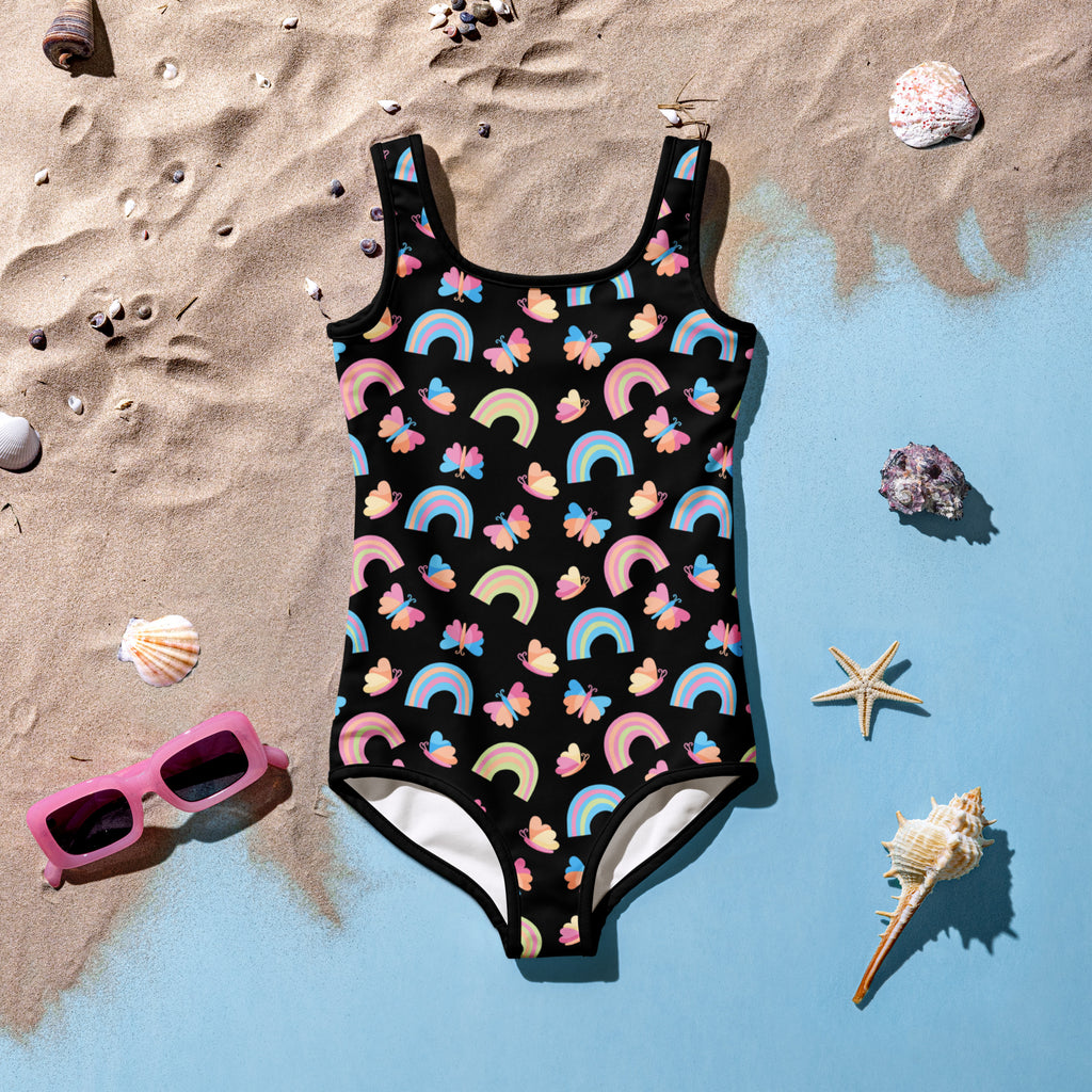 Black girls one-piece swimsuit with pastel rainbow arcs and colorful butterflies buttery soft fabric upf 50 plus double layered front