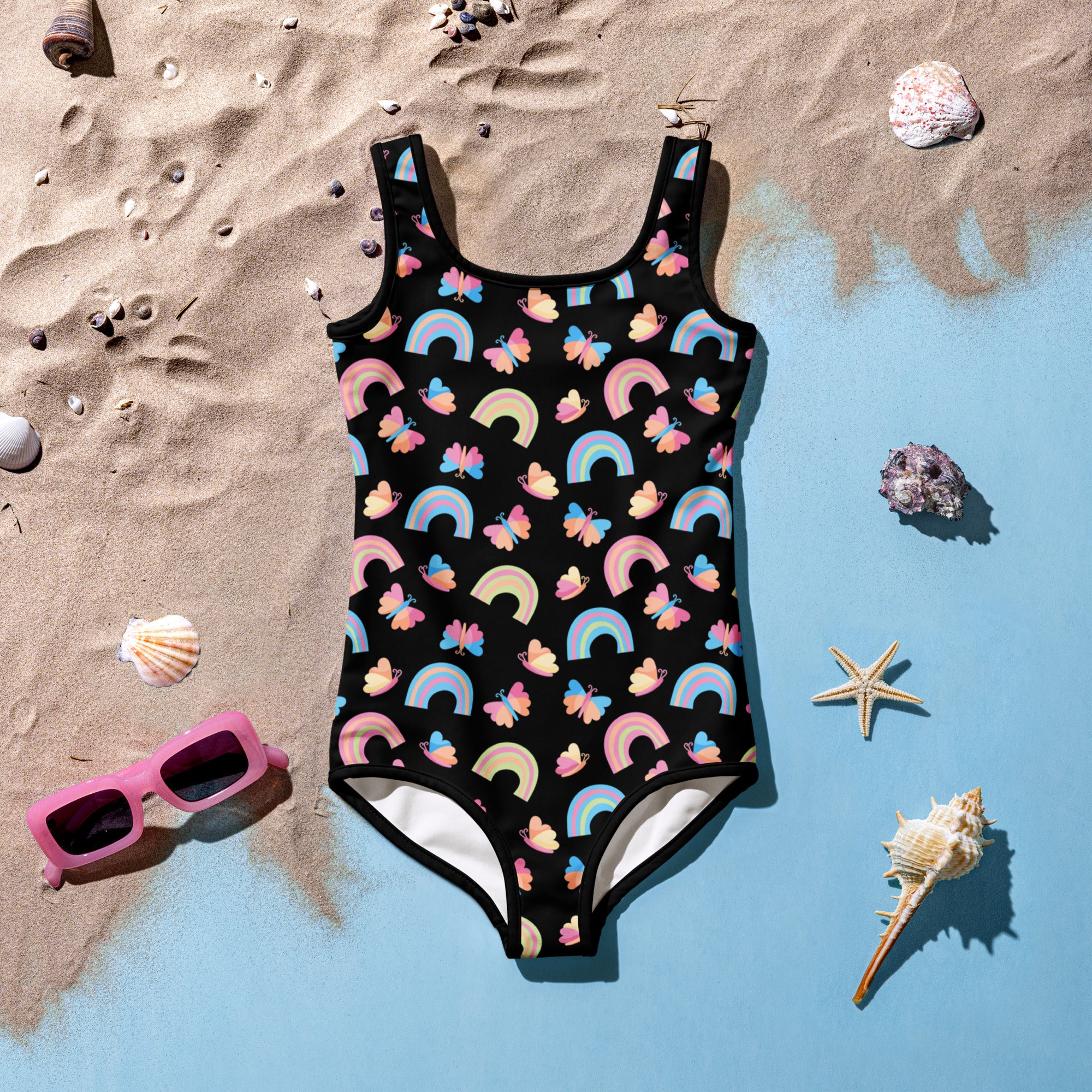 Black girls one-piece swimsuit with pastel rainbow arcs and colorful butterflies buttery soft fabric upf 50 plus double layered front