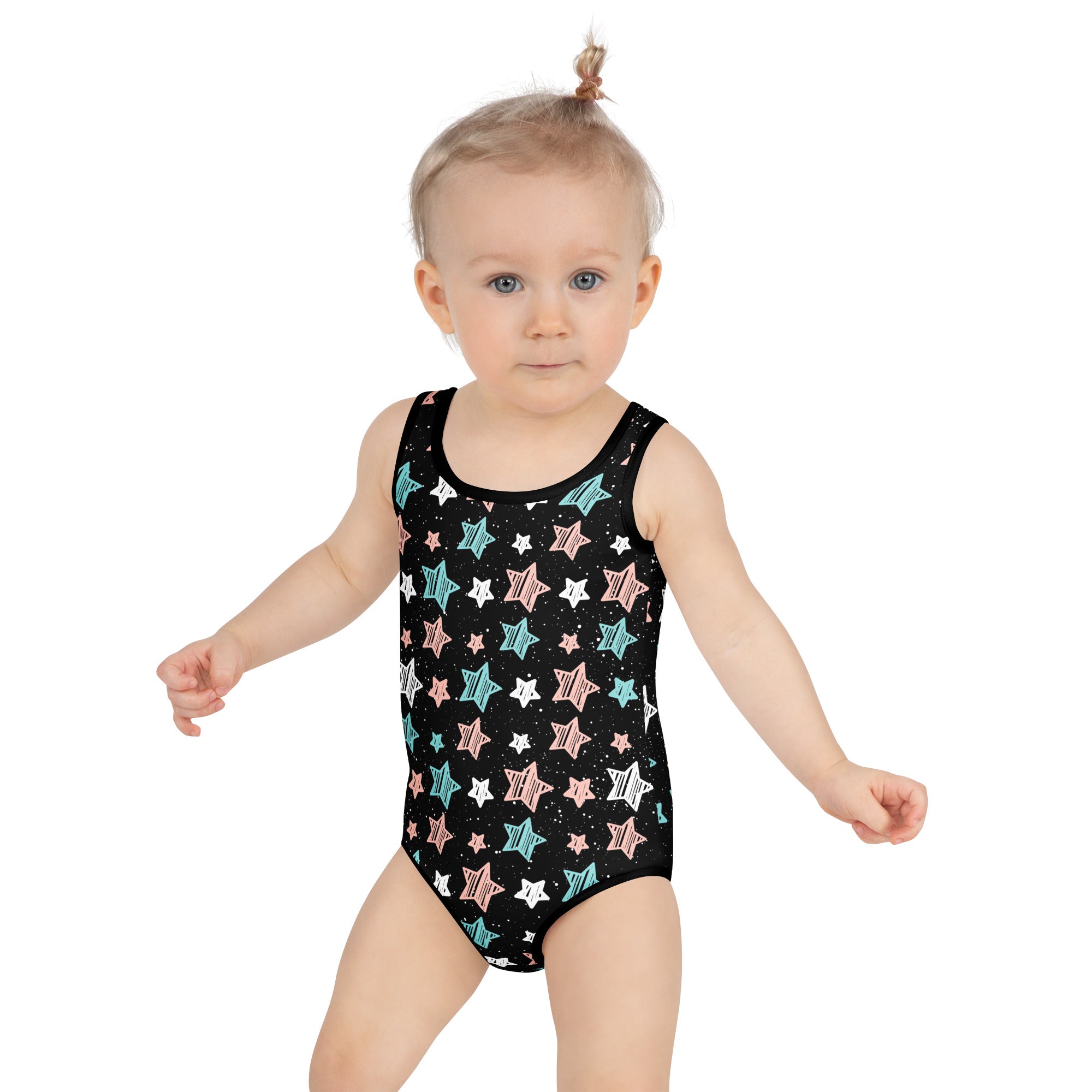 Black girls starry night doodle stars buttery soft one-piece swimsuit with pastel star pattern and upf 50+ protection