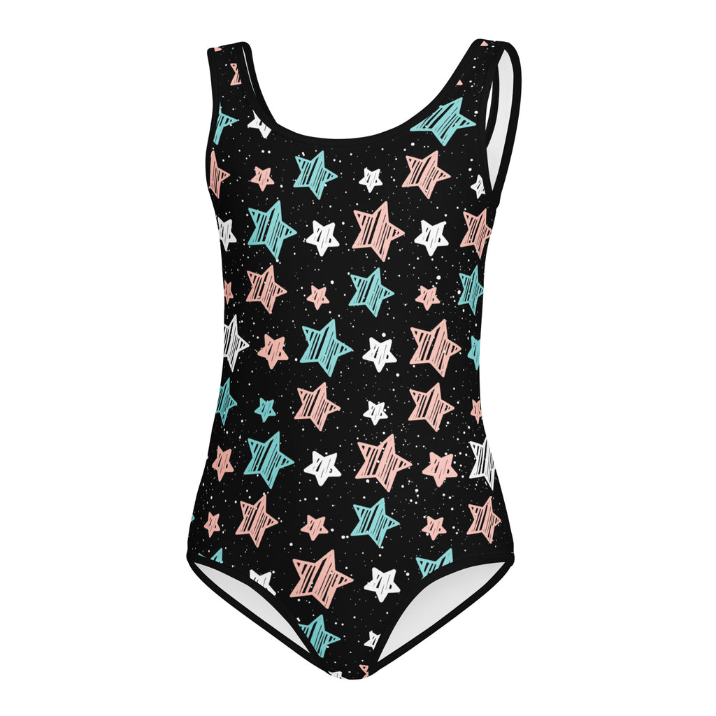 Black one-piece buttery soft leotard with pastel teal blush pink and white star pattern for dance and gymnastics