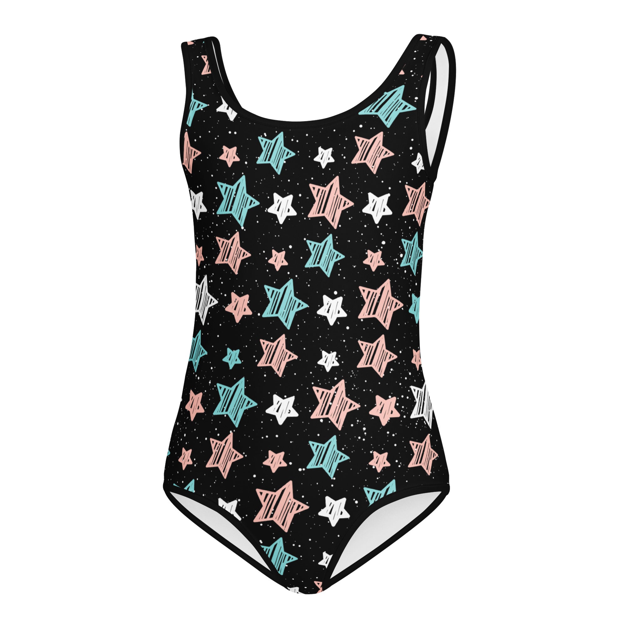 Black one-piece buttery soft leotard with pastel teal blush pink and white star pattern for dance and gymnastics