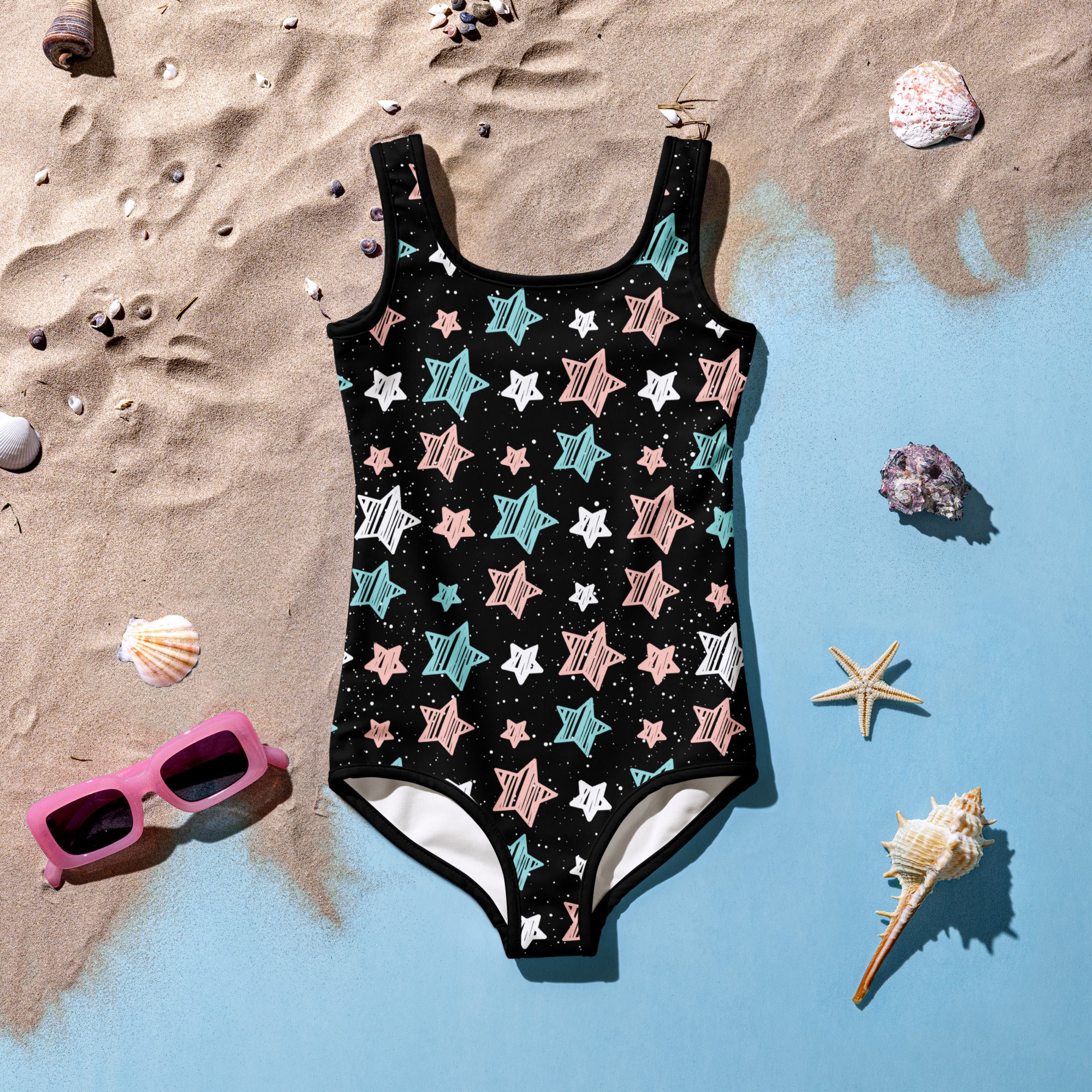 Girls starry night doodle stars buttery soft black one-piece swimsuit with pastel star pattern and upf 50 plus protection