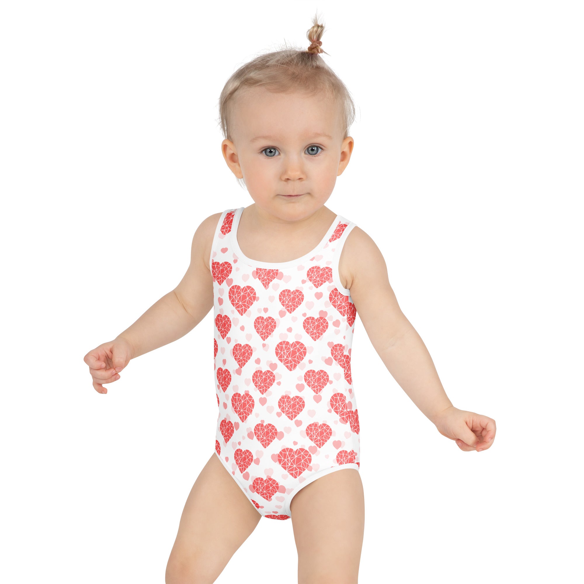 Girls crystal heart buttery soft swimsuit white with red heart patterns geometric design UPF 50 plus double layered front