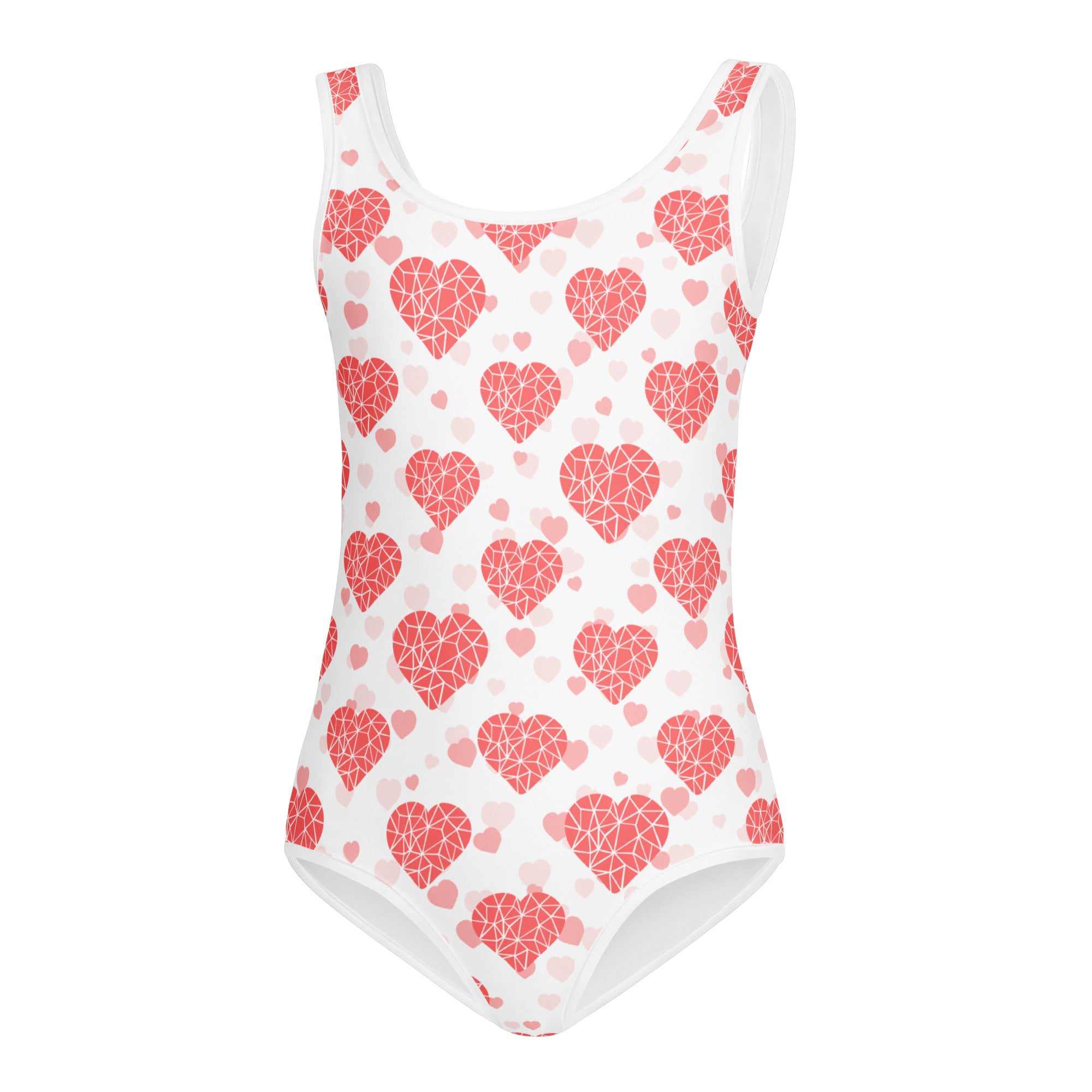 Girls crystal heart buttery soft white one-piece swimsuit with pink and coral geometric hearts for dance and gymnastics