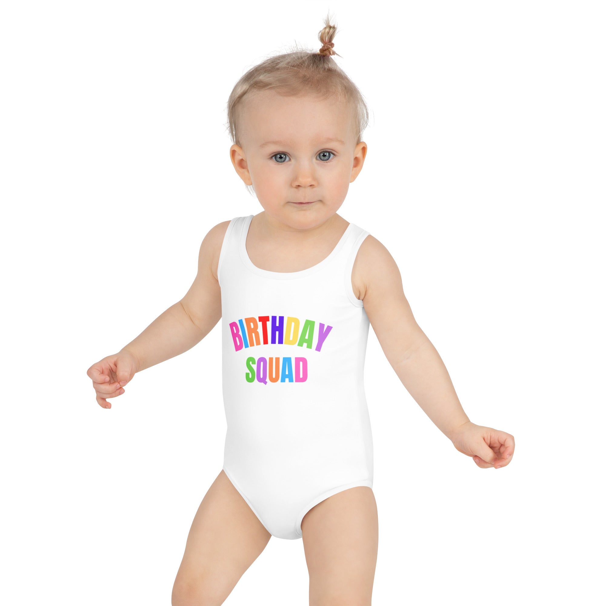 White girls birthday squad buttery soft one-piece swimsuit with rainbow print and upf 50 plus double layered front