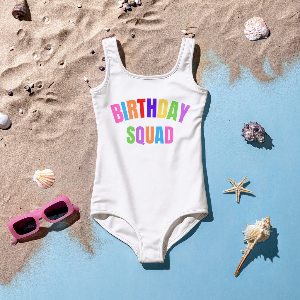 White girls birthday squad buttery soft one-piece swimsuit with rainbow print and upf 50 plus protection