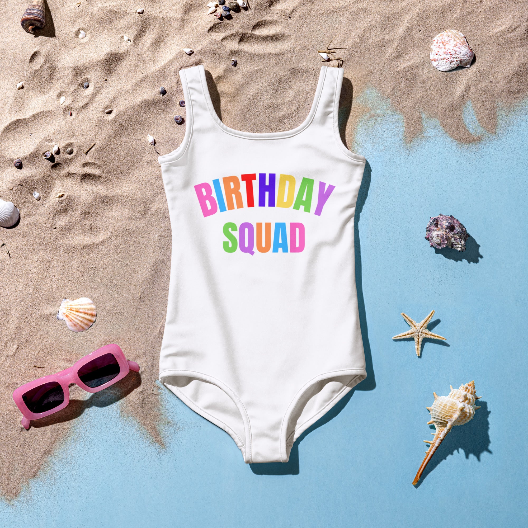 White girls birthday squad buttery soft one-piece swimsuit with rainbow print and upf 50 plus protection