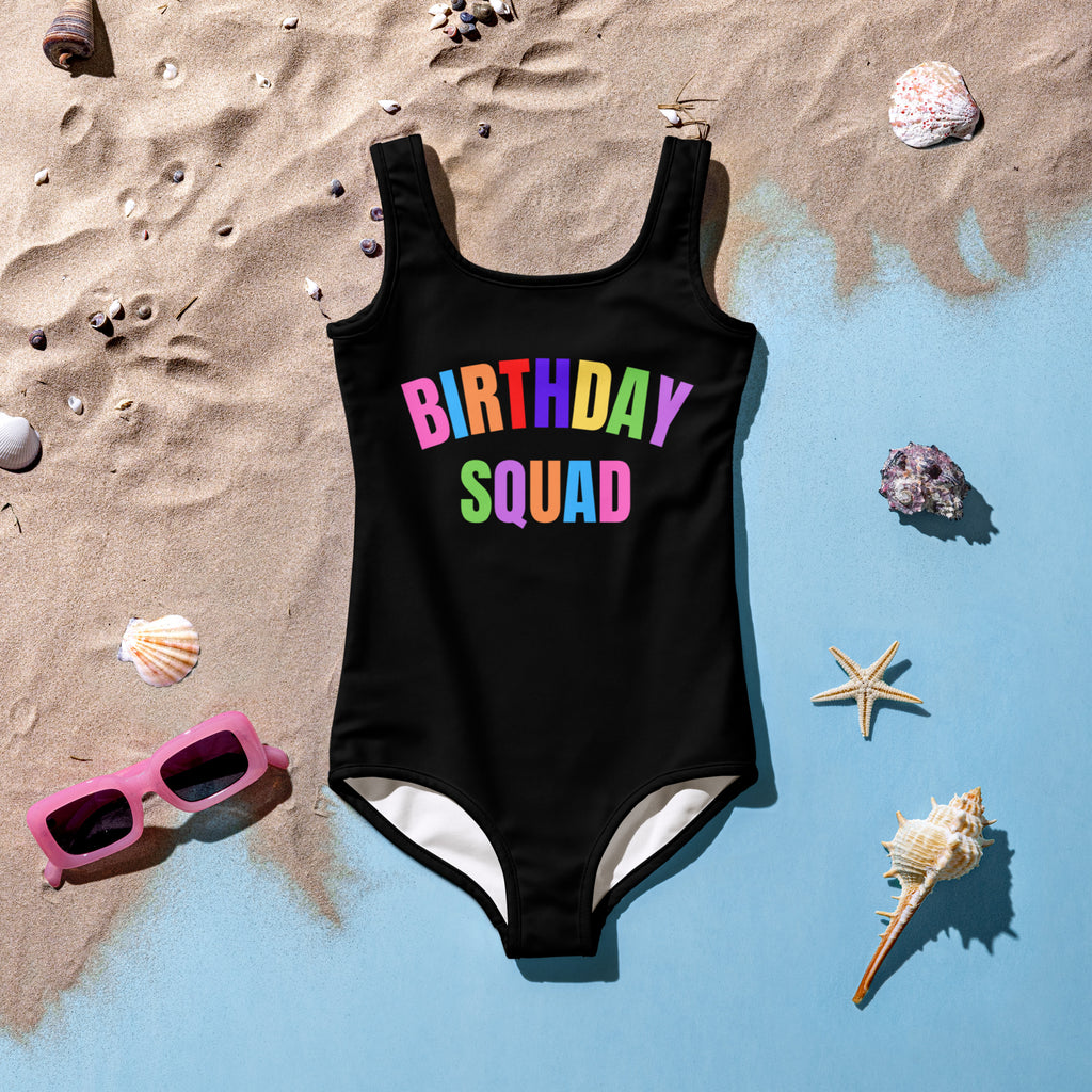 Black girls birthday squad buttery soft one-piece swimsuit with rainbow print and upf 50 plus double layered front