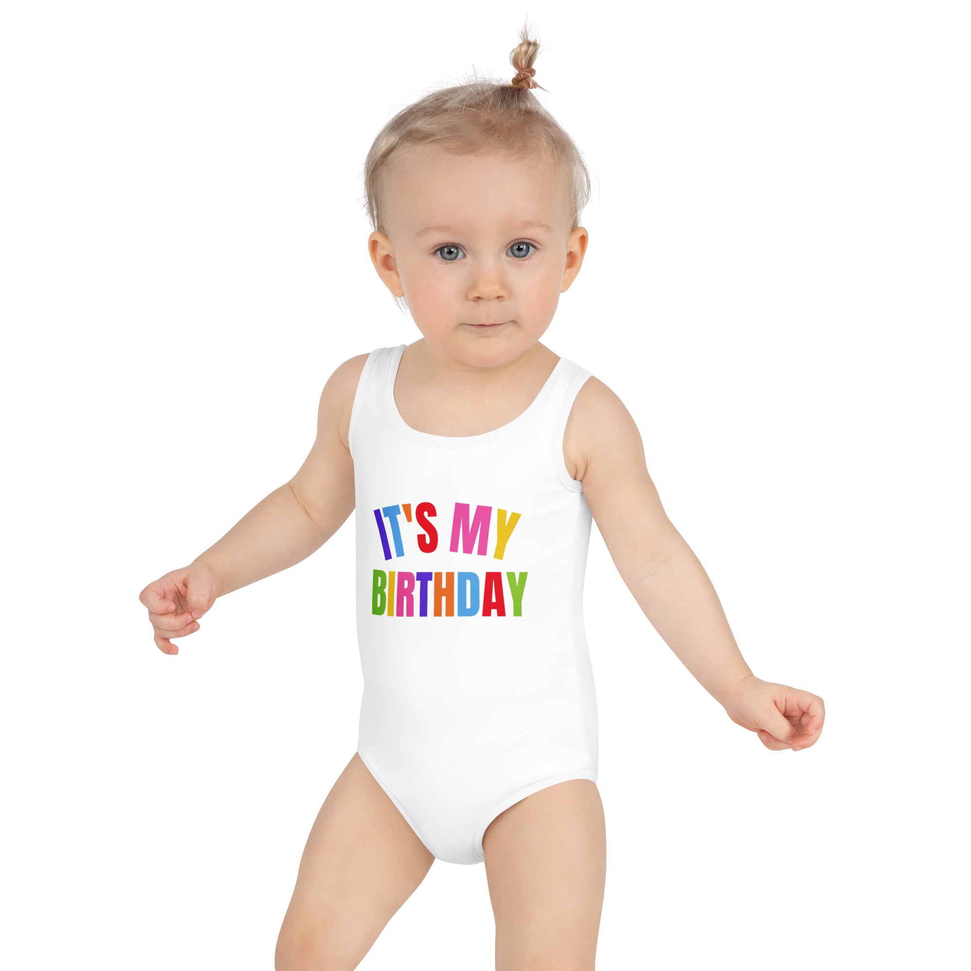 Girl Wearing It's My Birthday Swimsuit - UPF 50+ With Double Layered Front 