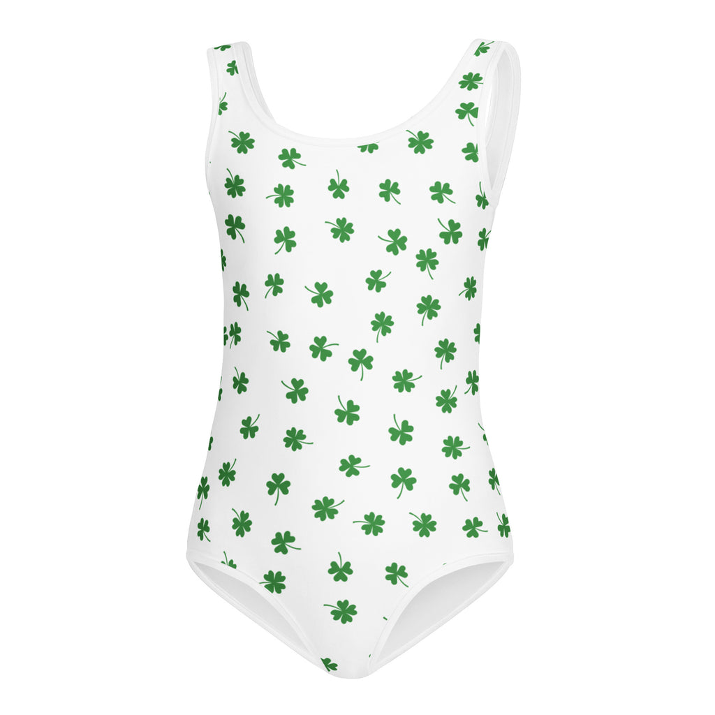 White one-piece swimsuit with green four-leaf clover pattern girls quick drying buttery soft leotard for gymnastics