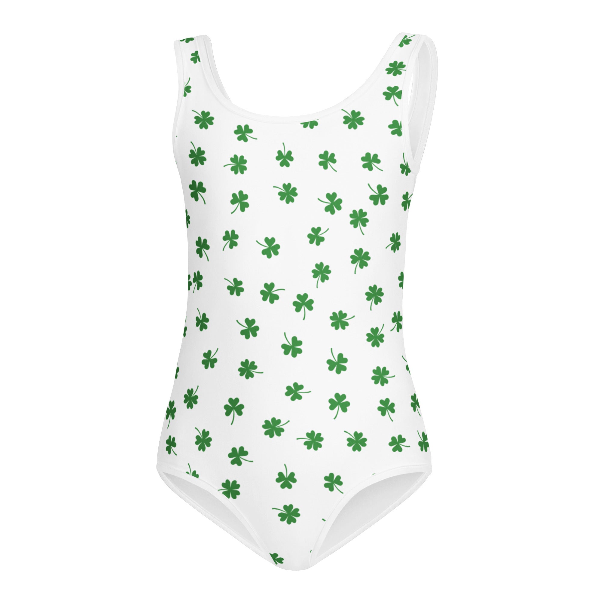 White one-piece swimsuit with green four-leaf clover pattern girls quick drying buttery soft leotard for gymnastics