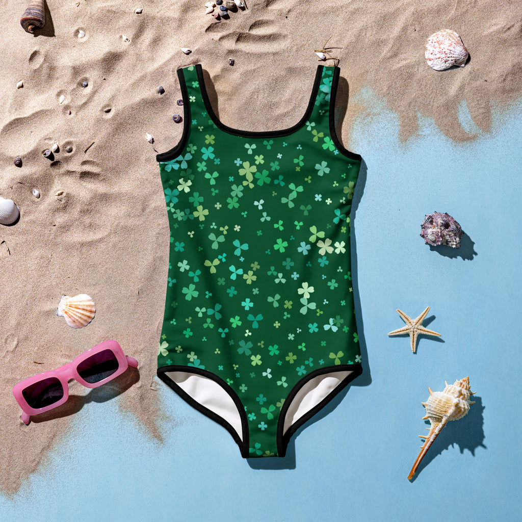Girls dark green shamrock buttery soft one-piece swimsuit with black trim white lining UPF 50 plus double layered front