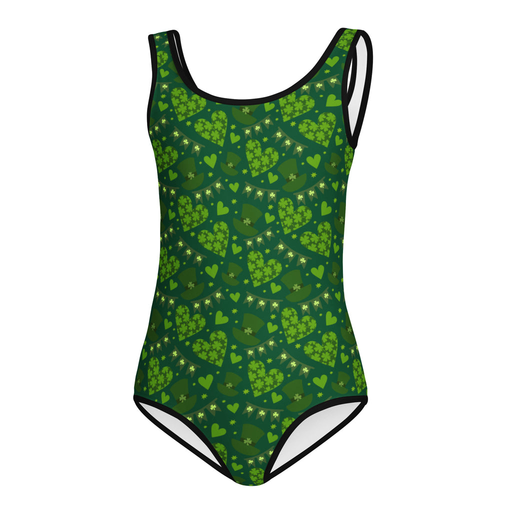 Girls green st patricks day buttery soft leotard with shamrock and heart pattern and black trim for dance and gymnastics