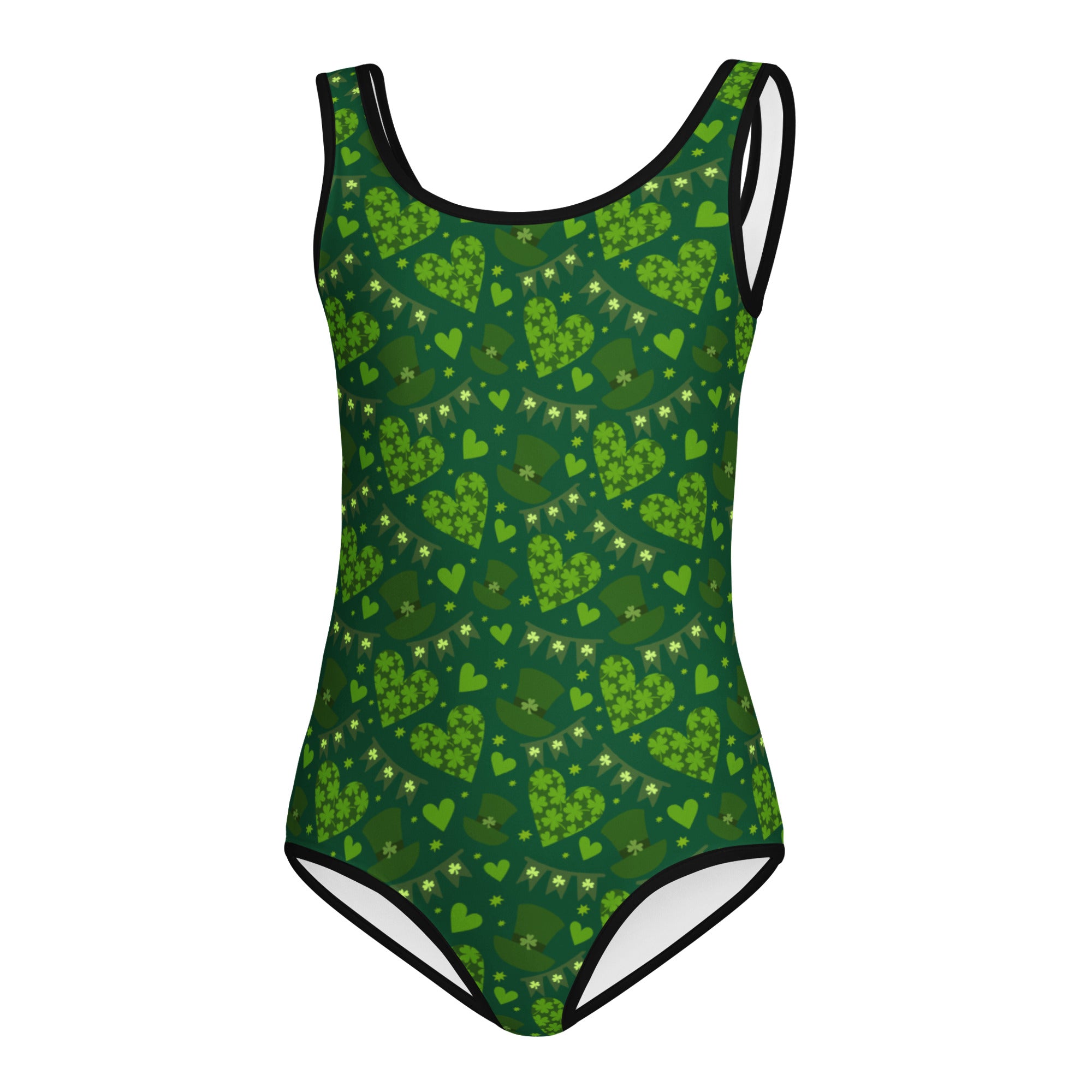Girls green st patricks day buttery soft leotard with shamrock and heart pattern and black trim for dance and gymnastics