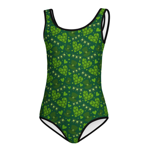 Girls green st patricks day buttery soft leotard with shamrock and heart pattern and black trim for dance and gymnastics