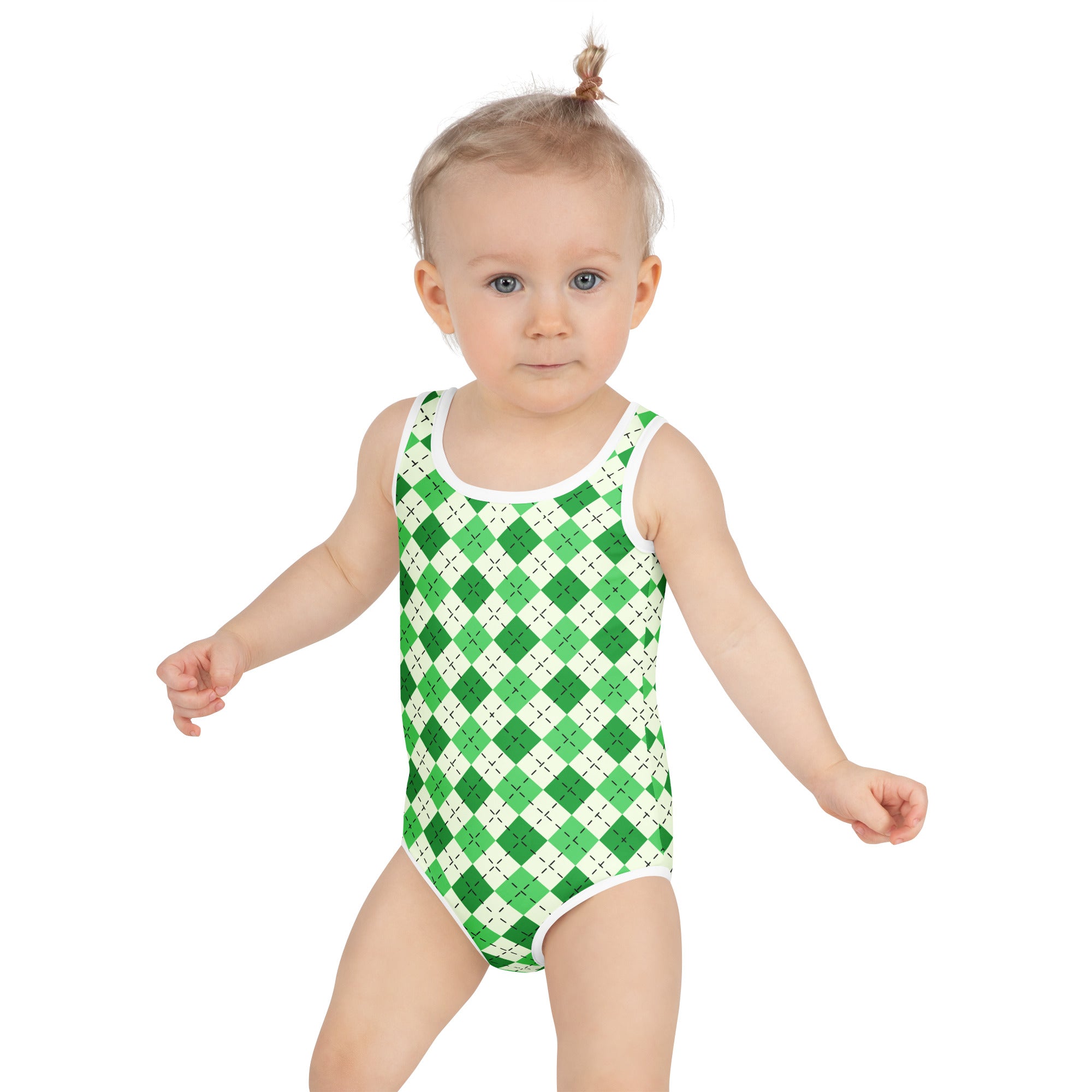 A toddler wearing a girls green argyle buttery soft one-piece swimsuit with white trim and UPF 50 plus protection