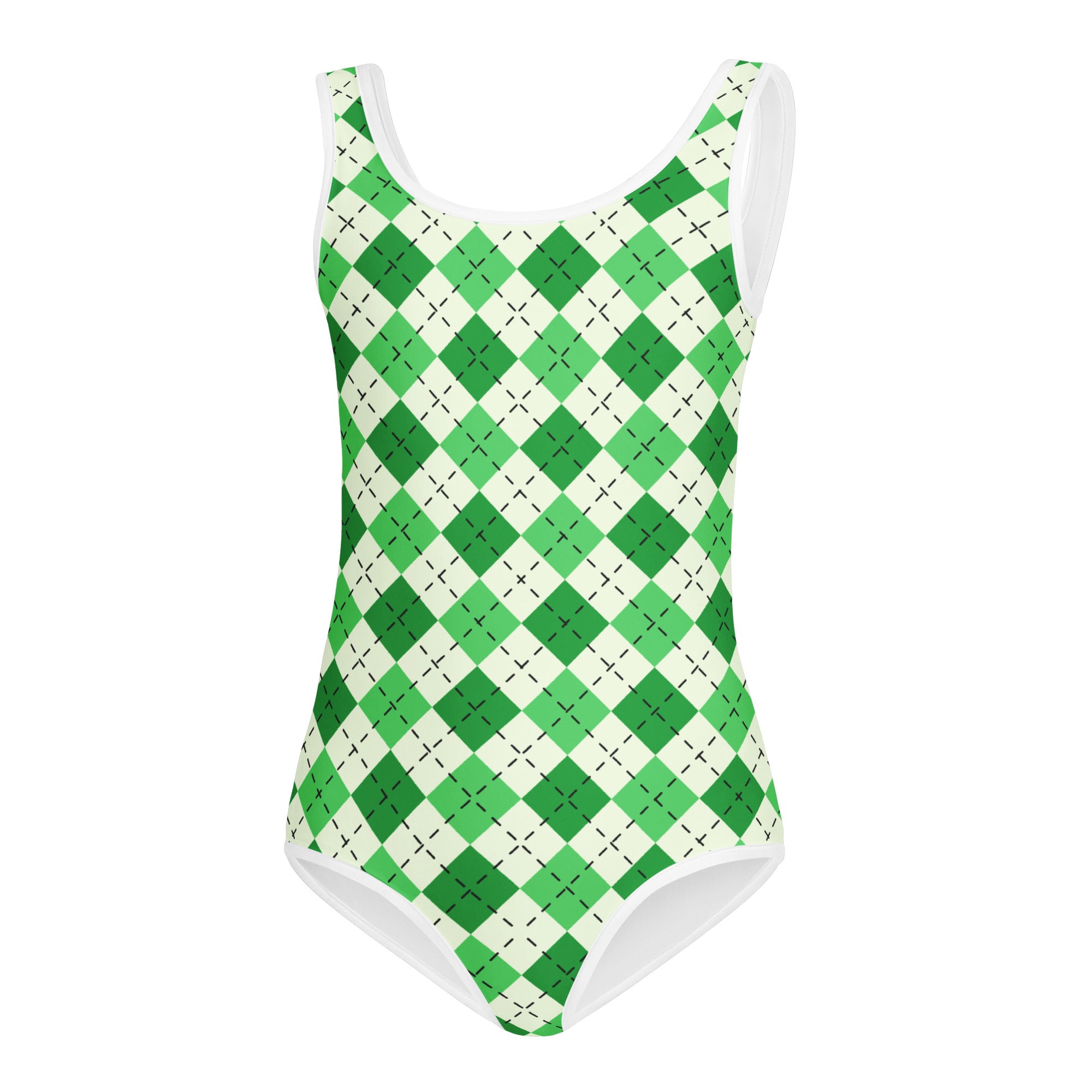 Girls St. Patrick’s Day green and white argyle one-piece swimsuit with black crosshatch detailing quick drying for dance and gymnastics