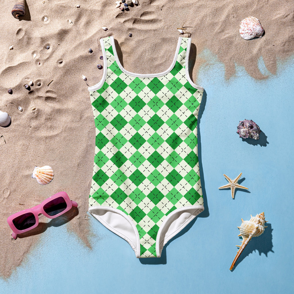 Girls green argyle buttery soft one-piece swimsuit with white trim double layered front and UPF 50 plus protection